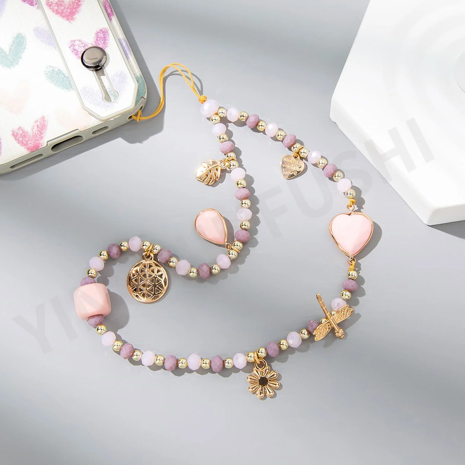 1 pièce cristal rose anti-perte étui portable pendentif chaîne cordon telephone bijoux dragonne longe