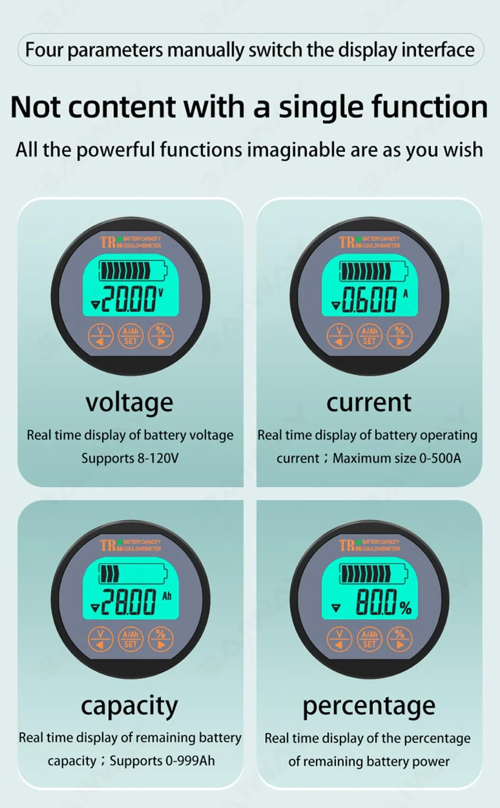 Indicatore di batteria 4in1 80V 100A SOC AH VOLT AMP Capacità Tester Stato di carica Monitoraggio batteria Caravan RV Camper UPS piombo al litio ferro acido 999 AH
