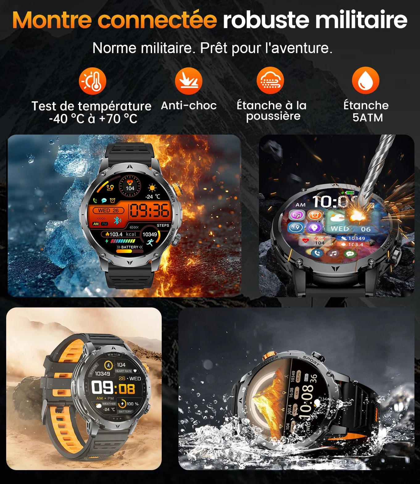 LIGE 1000mAh Montre Connectée Homme, 1,7" Smartwatch Militaire avec 110+ Modes Sportifs, IP68 Étanche, Appel Bluetooth, 24H Fréquence Cardiaque, Podomètre Android iOS,3 Bracelets,2 Chargeurs,EF24-A