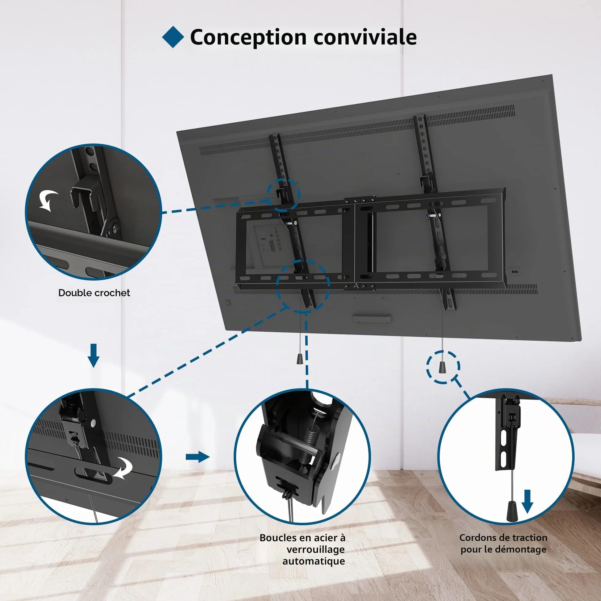 BONTEC Support Mural TV Inclinable pour Téléviseurs LCD, LED, Plasma de 37 à 86 Pouces, VESA 600x400mm, Charge 75 kg, Support TV Mural Fixe avec Niveau à Bulle, Compatible Samsung, TCL