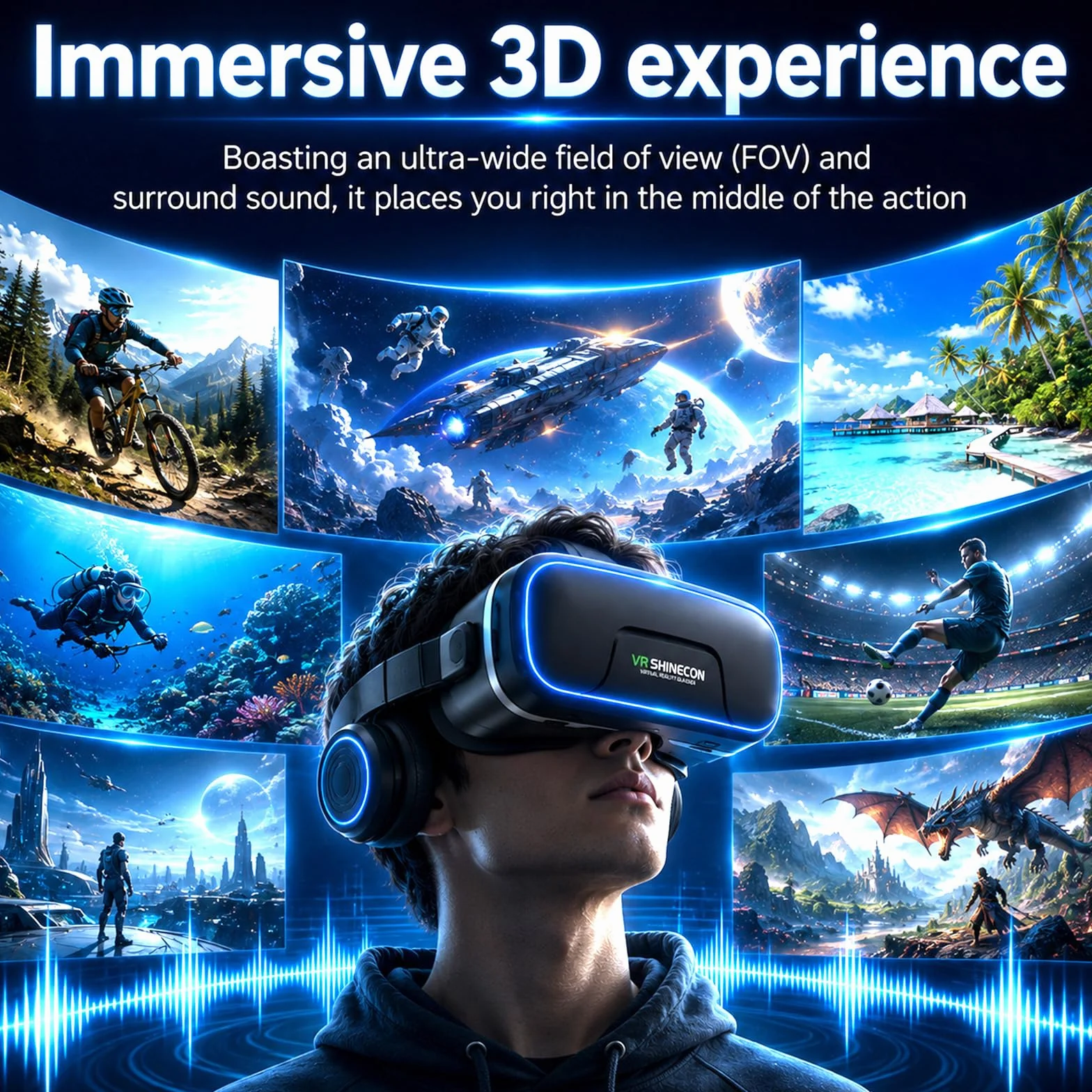 Casque VR 3D avec Écouteurs Verres HD Anti-Lumière Bleue Compatible Smartphones iPhone Android 4,7-7,2"