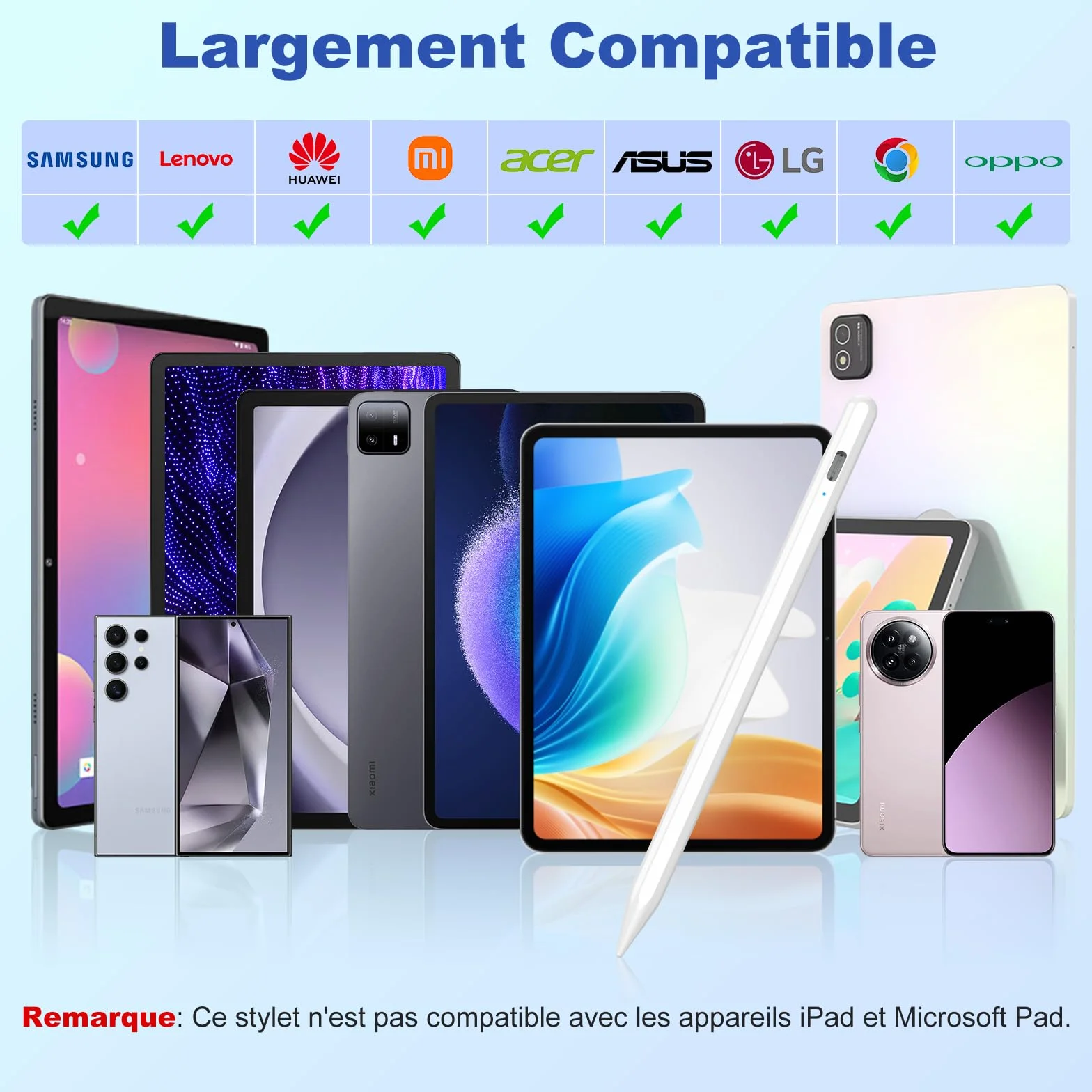 KBCASE Stylet Universel pour Tablette Android Samsung Lenovo Huawei Xiaomi Vivo, Sensibilité à l'inclinaison, Haute Précision, Recharge Rapide, Blanc