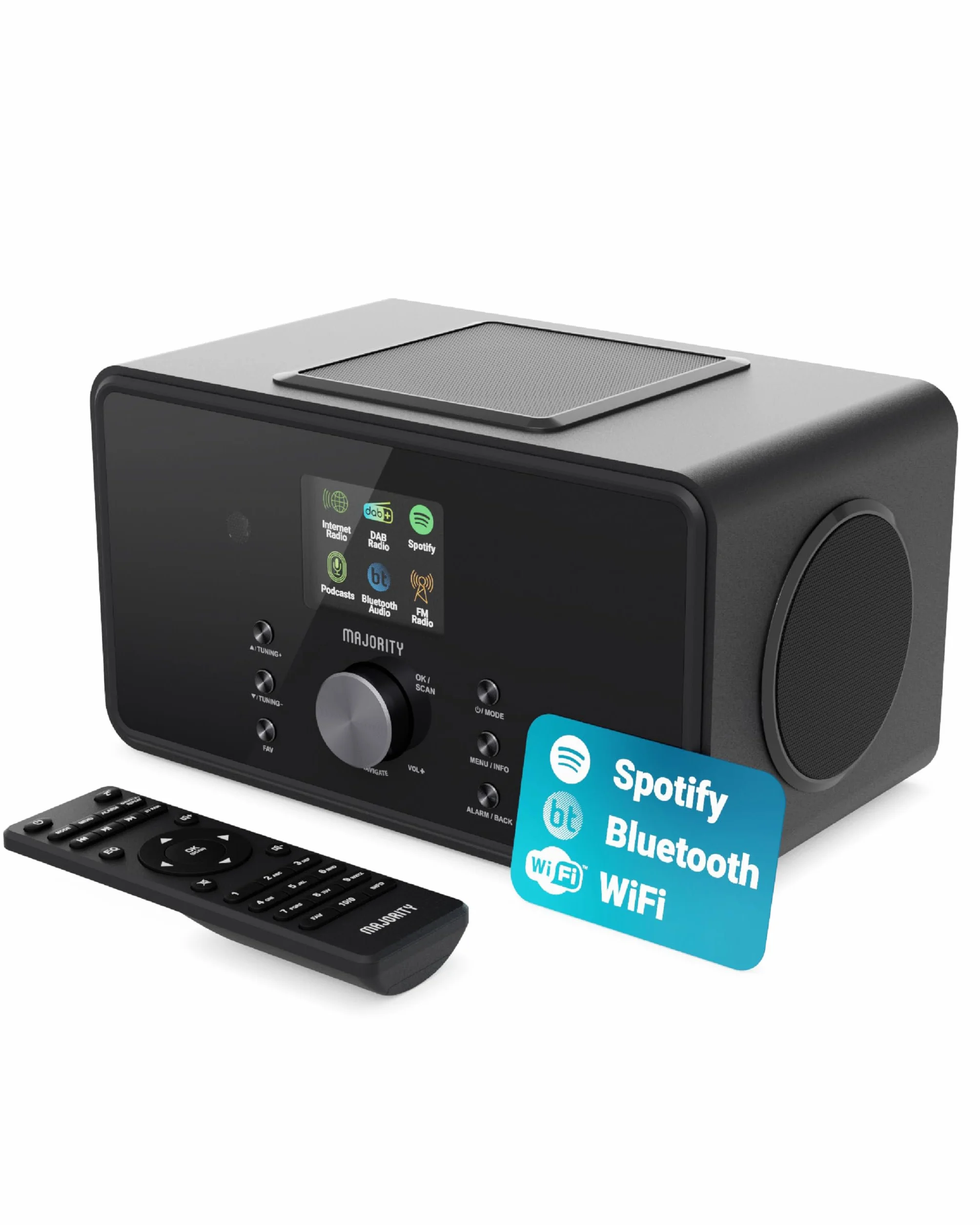 Radio Internet WiFi avec Bluetooth | Radio Dab Plus & FM | 100W 2.1 Caisson de Basse Interne pour Xtra Bass | Spotify Connect & Podcasts | Télécommande Incluse & OKTIV App Control | MAJORITY Bard