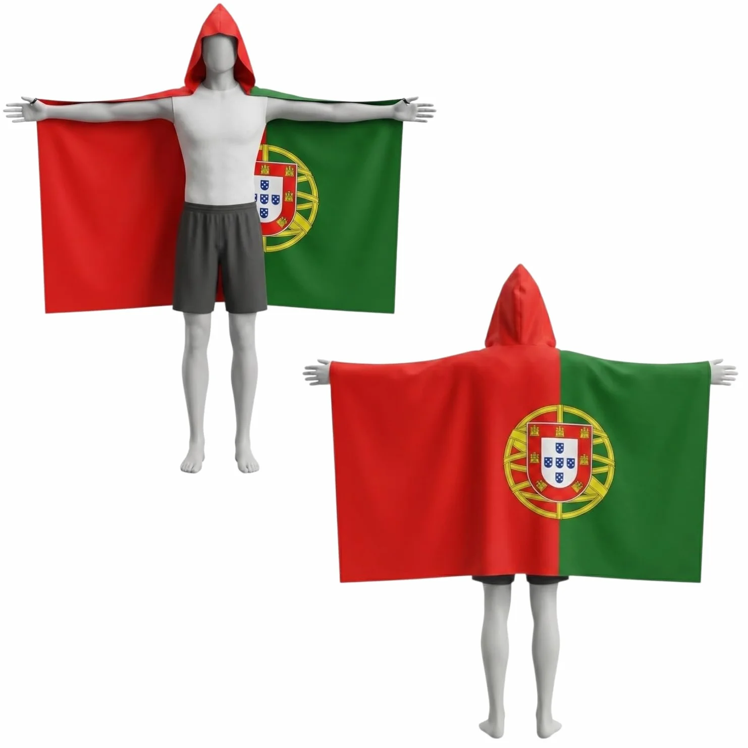 Cape Drapeau Portugal Coupe du Monde 2026 – À Porter avec Capuche et Élastiques – Supporter Homme Femme