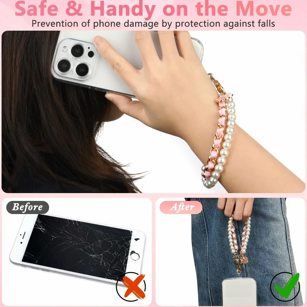 OFFCUP Dragonne de Téléphone, Perle Chaîne Téléphone Portable Charme, Anti-Perte Longe en Cuir Métallique avec Fleur, Bracelet Telephone 2 Patchs Arrière