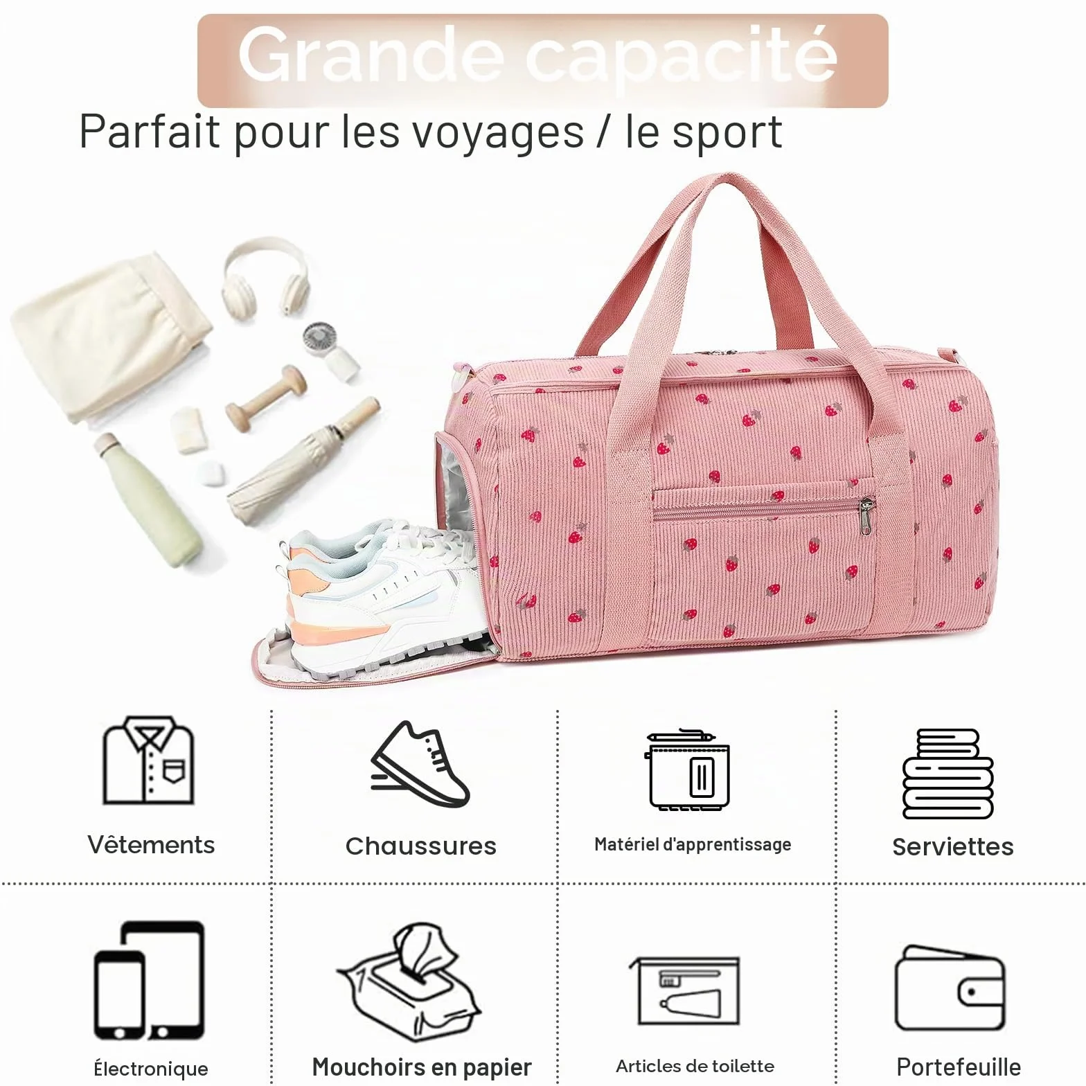 Sac de sport LEDAOU enfant compartiment chaussures humide velours côtelé rose fraise 46x22x23 cm