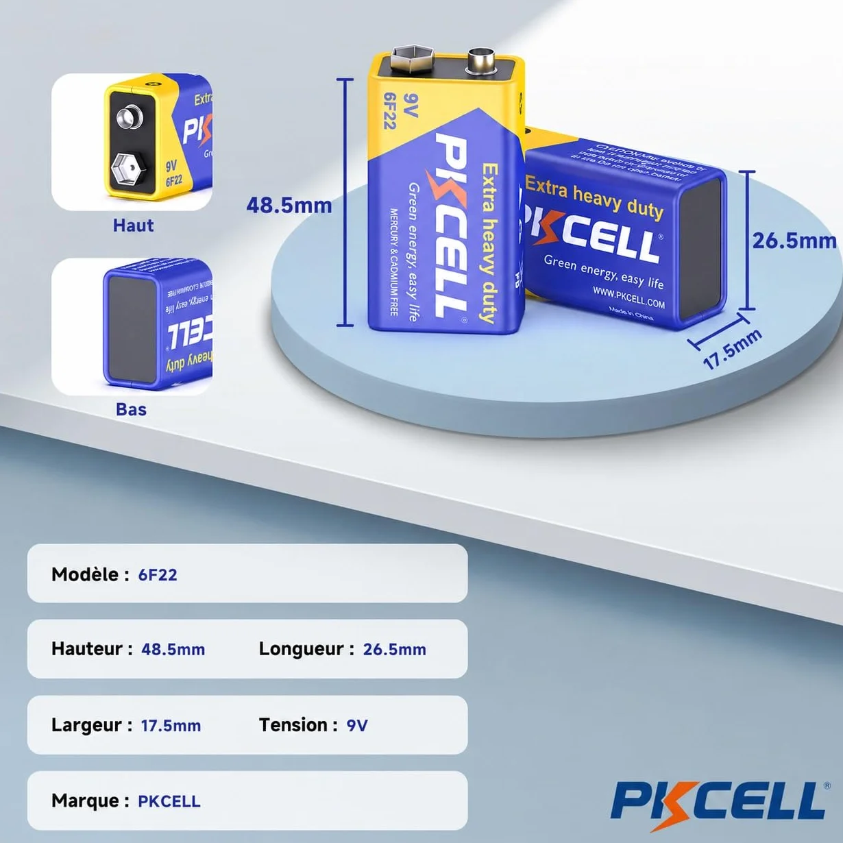 PKCELL Pile 9V 6F22 Carré Haute Performance 4 Pièces