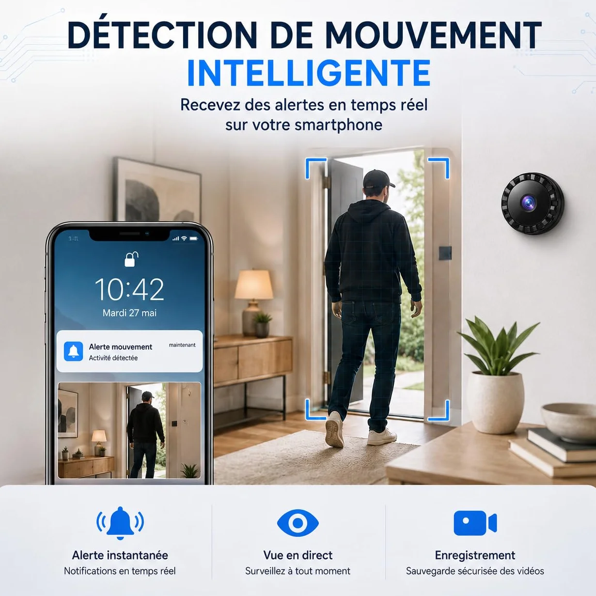 2026 Surveillance Mini Caméra Espion sans Fil , Caméra de sécurité WiFi HD 1080P avec Vision Nocturne intérieur/extérieur pour bébé, Animal de Compagnie, Compatible Smartphone (Black, Mini 4 pièce)