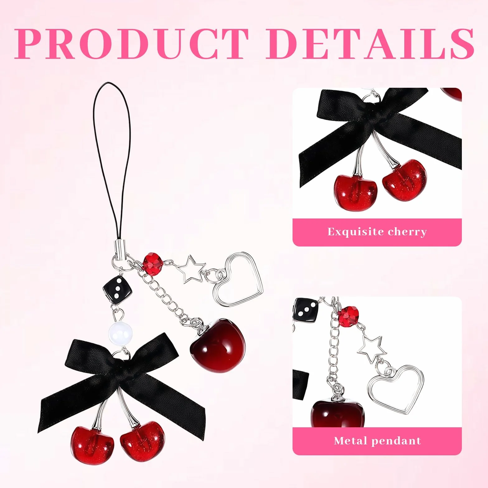 Kurze Handykette avec Charme Cerise – Breloque de téléphone Mignon en Noir comme chaîne Courte décorative pour Smartphone et clés