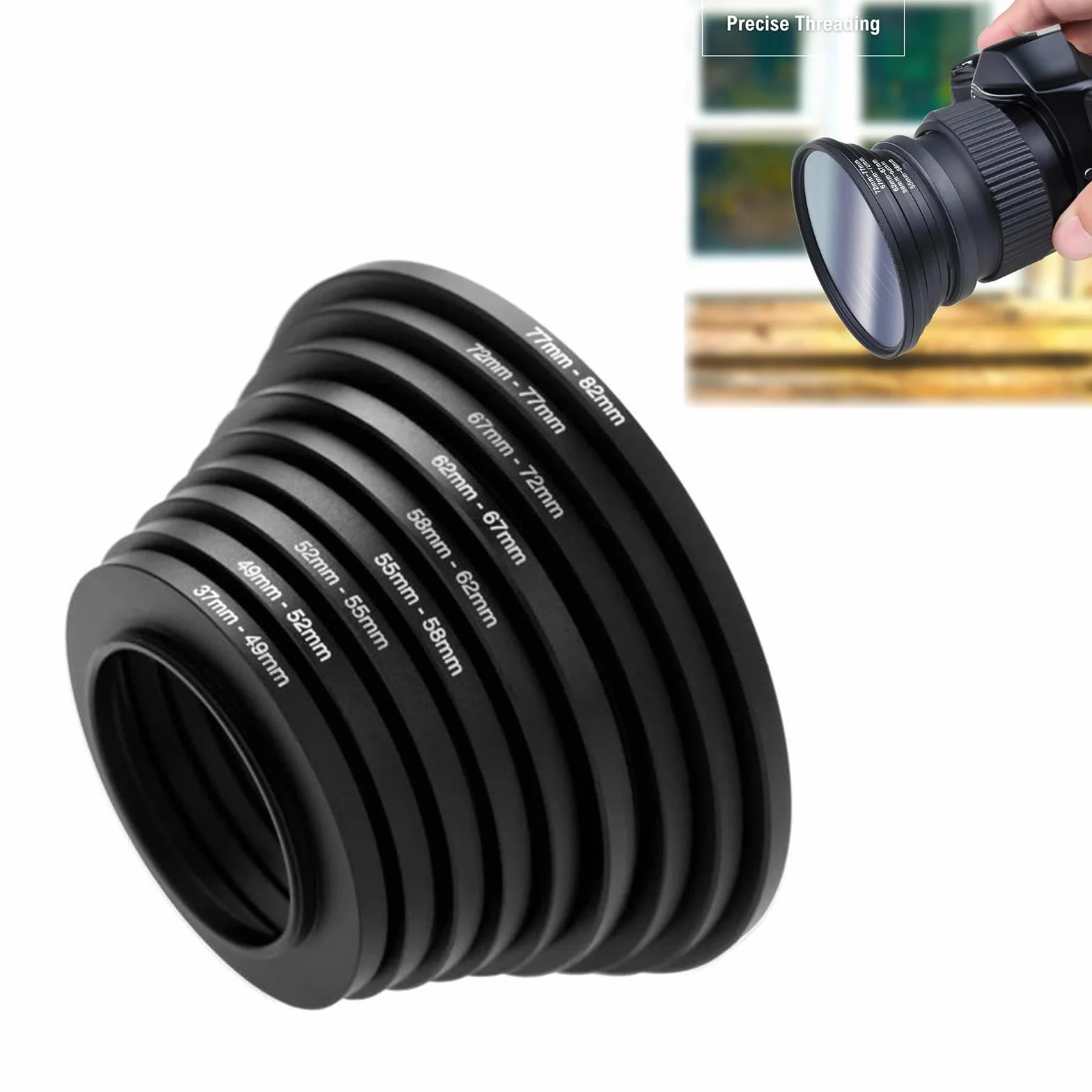 Kit de Bague d'Adaptation pour Filtre de Caméra, Adaptateur d'Objectif en Métal, Diamètre de 37 mm à 82 mm