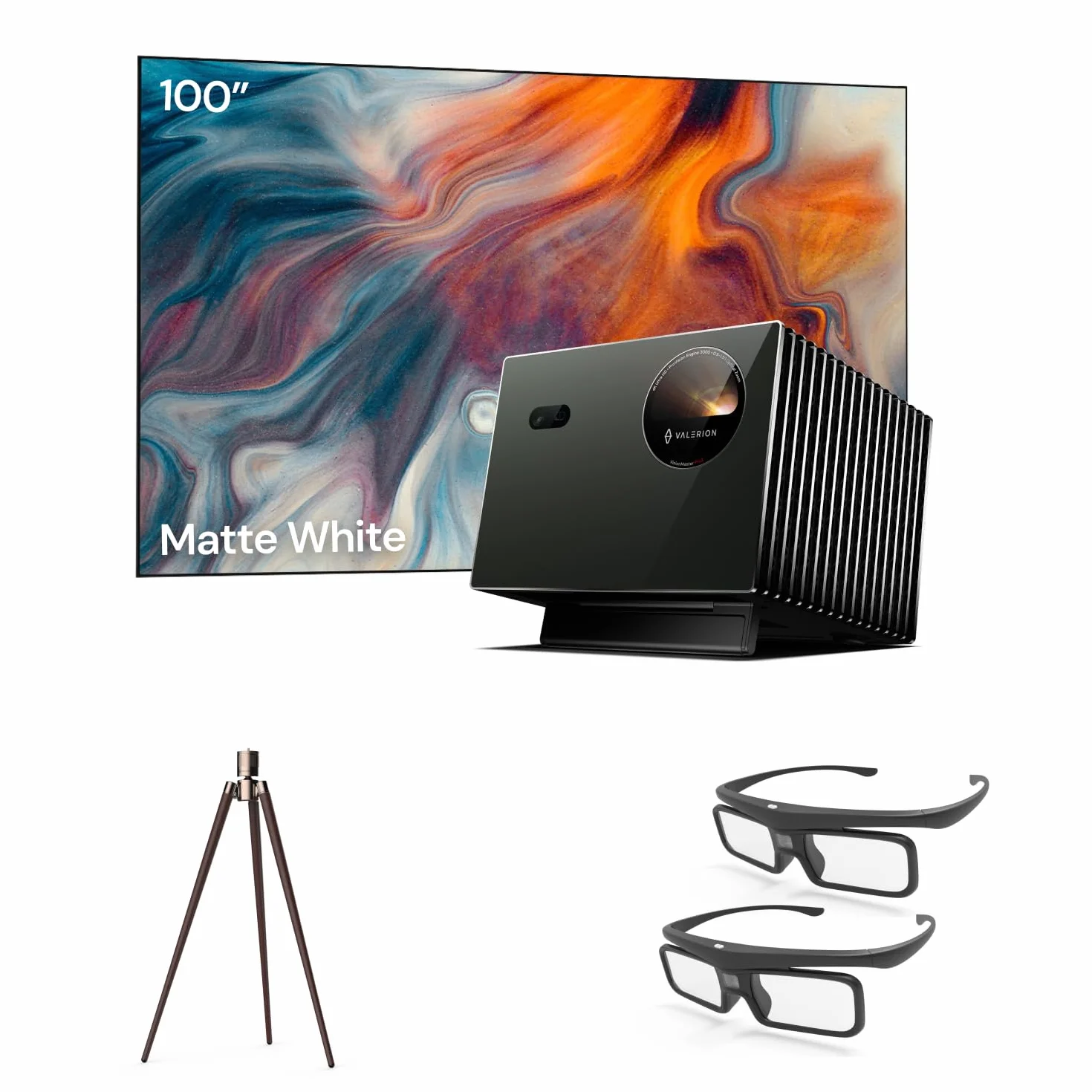 Pack Home Cinéma Valerion：Inclus Projecteur Valerion VisionMaster Pro2 4K Triple Laser + écran Blanc Mat de 100 Pouces + trépied en Noyer + Lunettes 3D