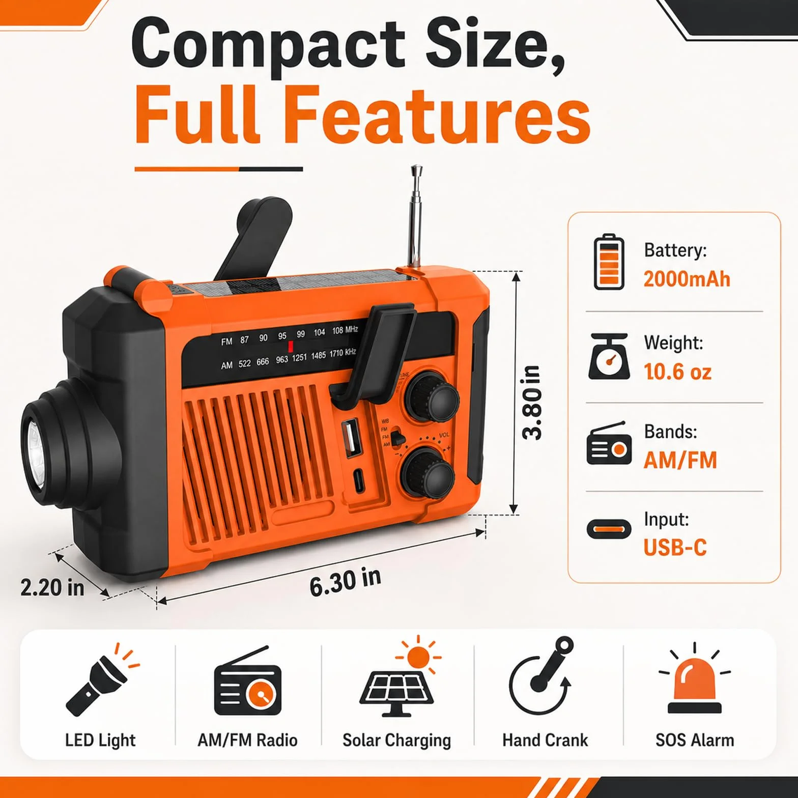 Radio d'urgence solaire à manivelle 2000 mAh AM/FM SOS Lampe LED Charge USB Camping
