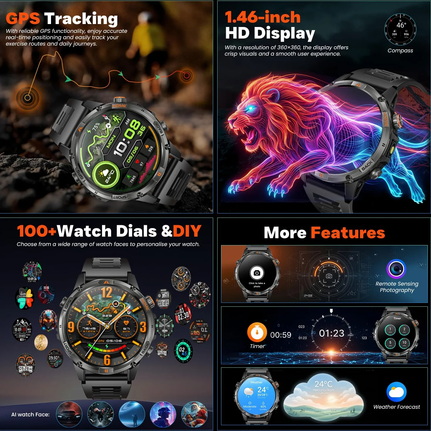 Montre Connectée Homme GPS Smartwatach: 1.46" HD Smart Watch Appel Bluetooth Fréquence Cardiaque SpO2 580mAh Batterie 100+ Modes Sportifs IP68 Etanche Surveillance Santé Torche LED pour iOS e Android