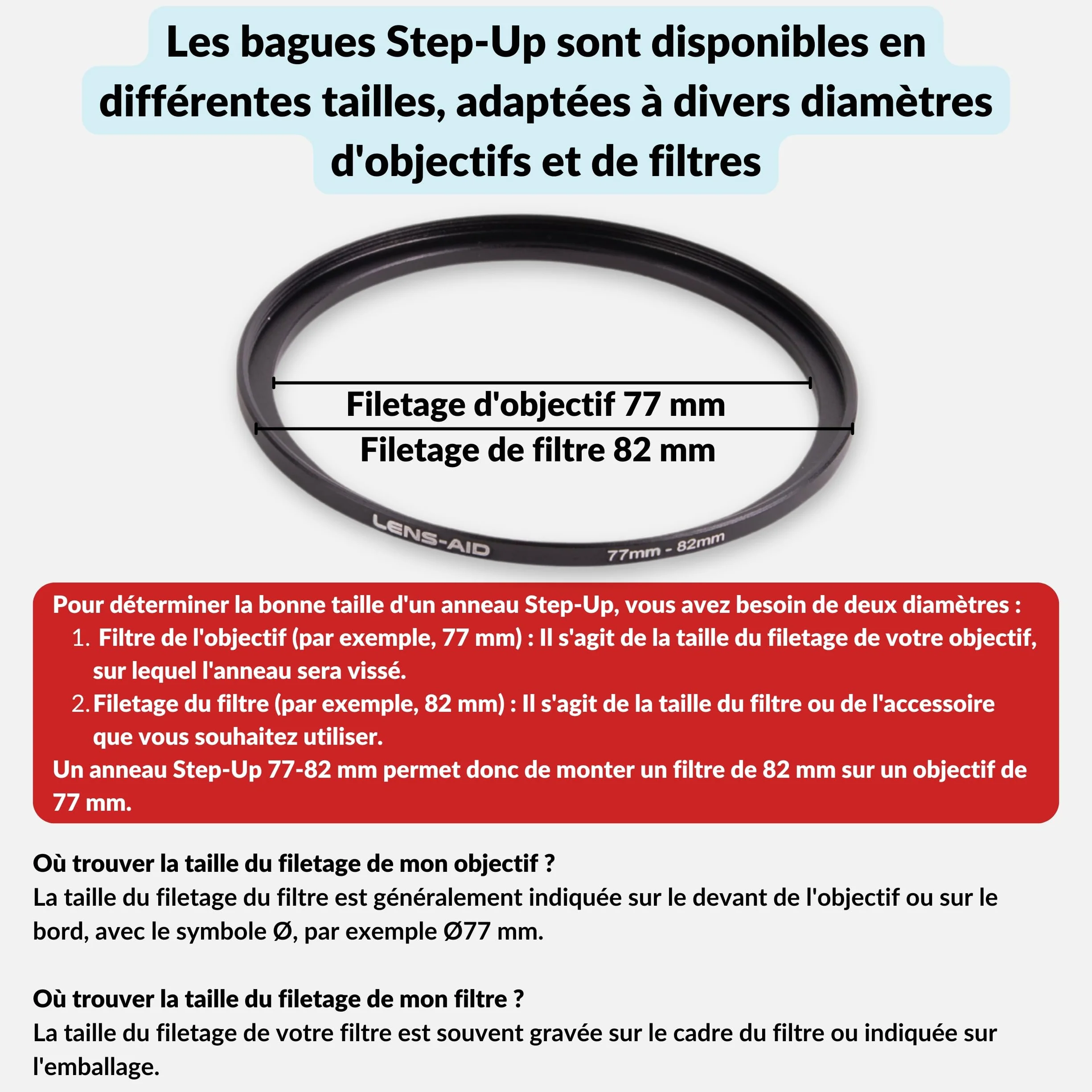 Lens-Aid Anneau Step Up 77–82 mm – Bague d’Adaptation Filtre métal Ultra Plate CNC Noir Mat, pour filtres ND, UV, CPL – Compatible avec Nikon, Canon, Sony, Fujifilm et Autres Marques