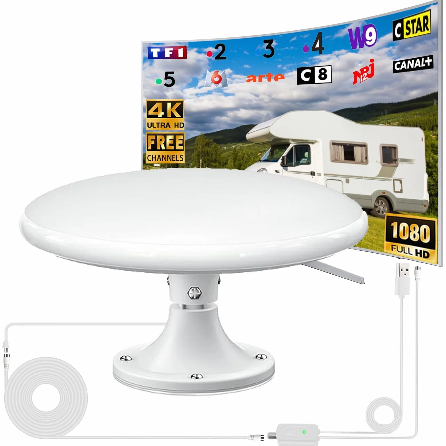 Antenne TV Exterieure Puissante DVB-T/DVB-T2 TNT Omnidirectionnelle 720° pour Camping Car Caravane Van Bateau