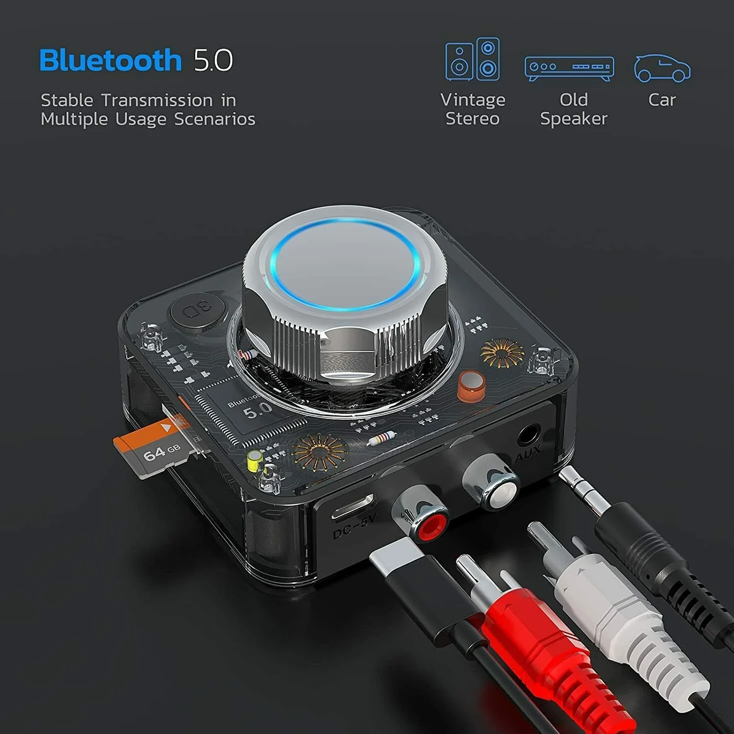 Récepteur Bluetooth USB 5.0 2,4 GHz sans fil 3,5 mm AUX vers adaptateur audio stéréo 2RCA