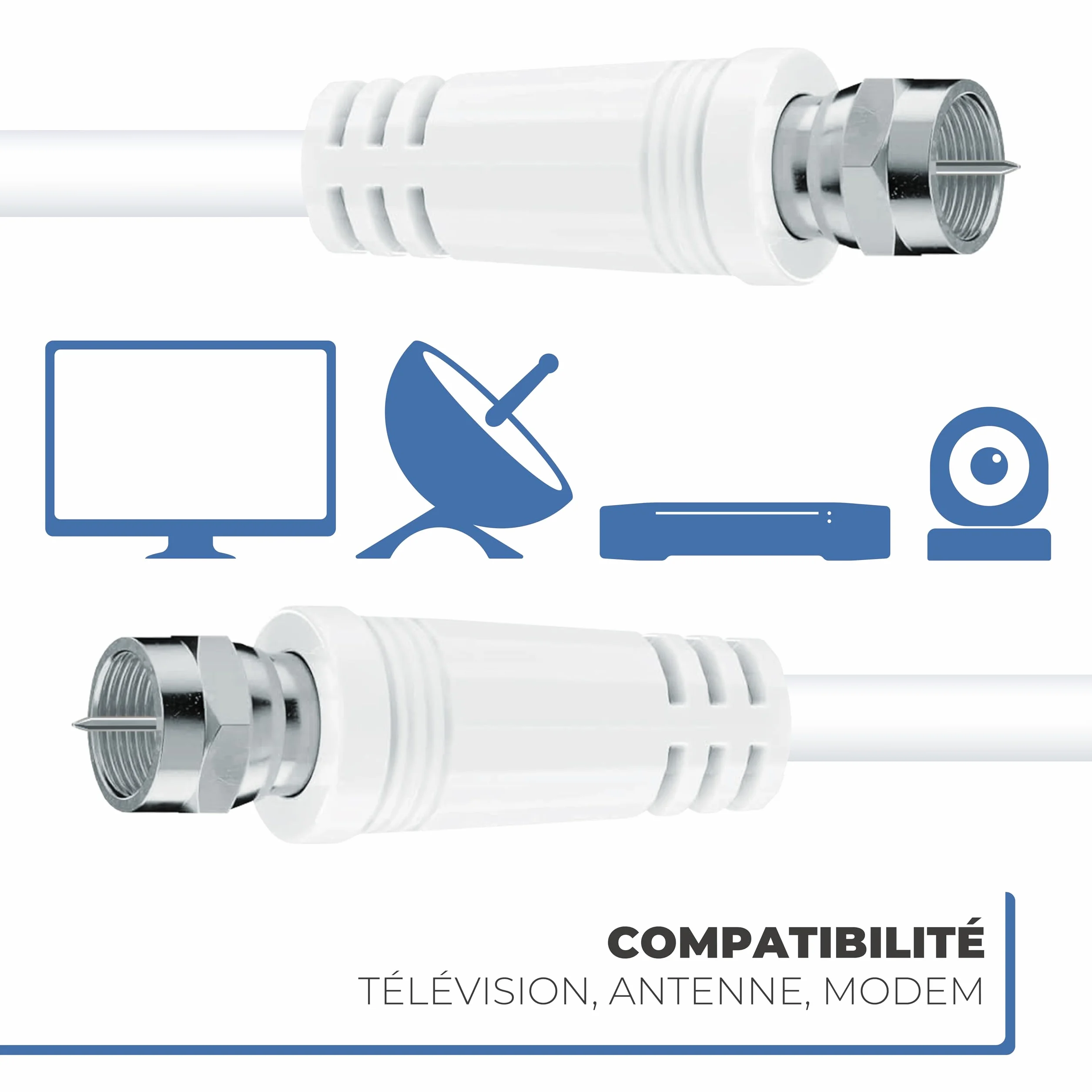 APM Câble Coaxial Satellite Fiche F Mâle, 10M + Adaptateur Fiche F Femelle vers Coaxial 9.52mm Mâle, Compatible TV Parabole Antenne Modem Satellite, 409007