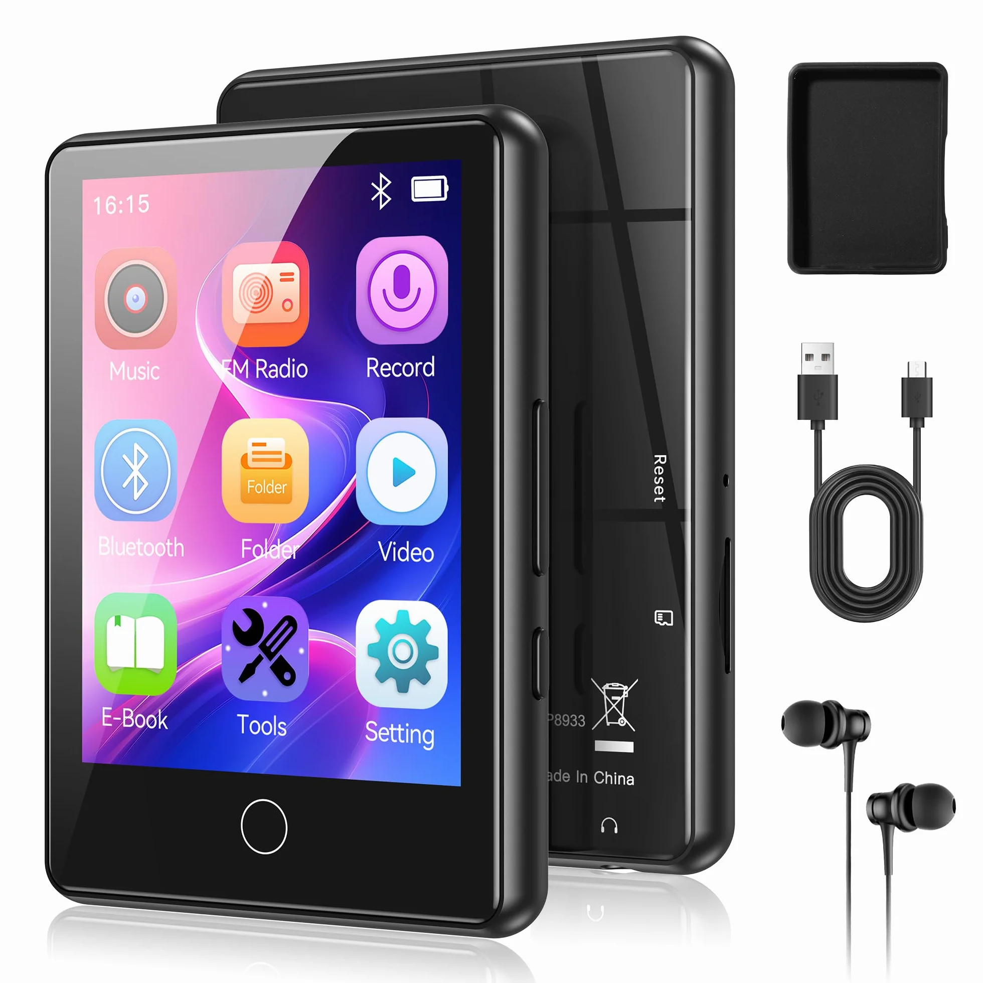 AGPTEK Lecteur MP3 Bluetooth 5.3 64Go, Baladeur Numérique 2.8" Écran Tactile HiFi Sport avec Haut-Parleur Radio FM Enregistreur