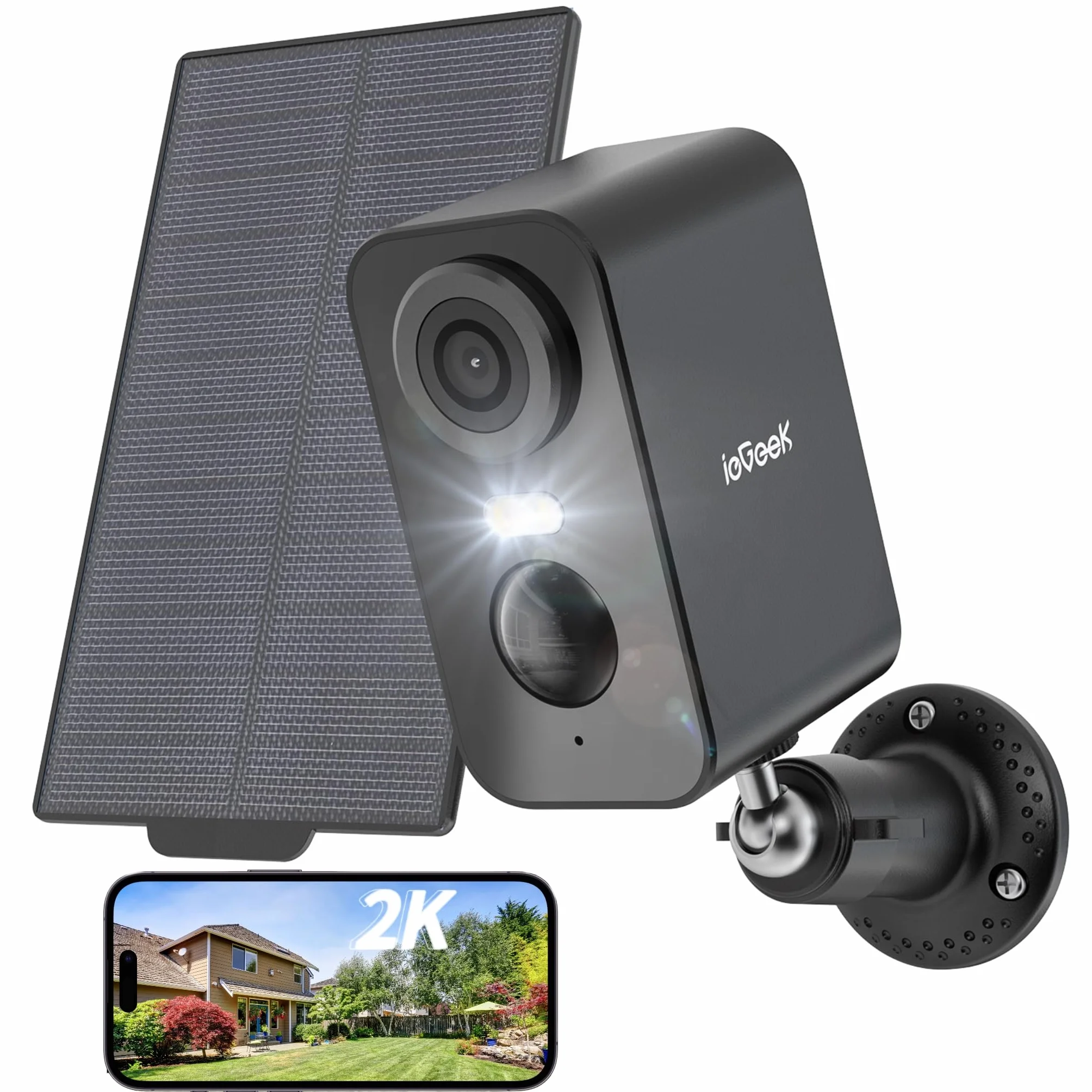 ieGeek 2K Camera Surveillance WiFi Exterieure sans Fil Solaire, Caméra Batterie, Vision Nocturne Couleur, AI & PIR Détection Mouvement, Audio Bidirectionnel, Étanche IP65, Alexa, ZS-GX3S, Noir