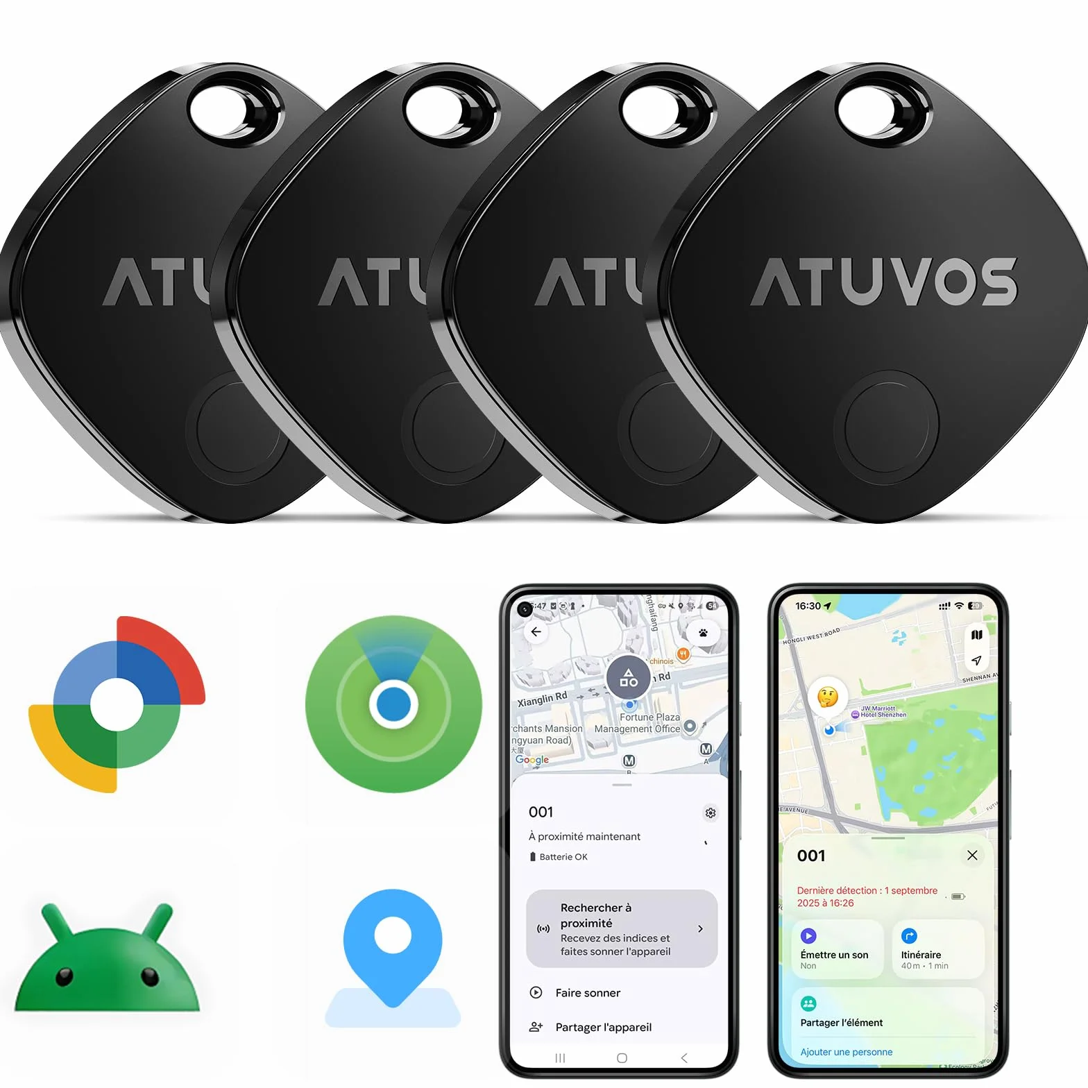 ATUVOS Android Air Tag Traceur Lot de 4, Smarttag Fonctionne avec l’app Google et Apple Localiser, Localisateurs Bluetooth Tracker pour Les Clés/Portefeuilles/Valises/Bagages, Batterie Remplaçable