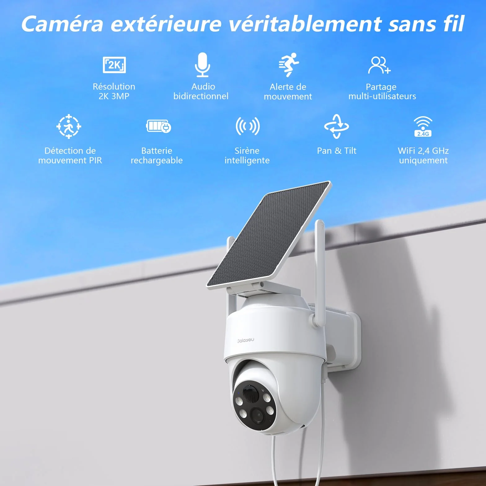 GALAYOU Camera Surveillance WiFi Exterieure sans Fil Batterie 2K Panneau Solaire 2,4GHz Alerte PIR Vision Nocturne Audio Bidirectionnel