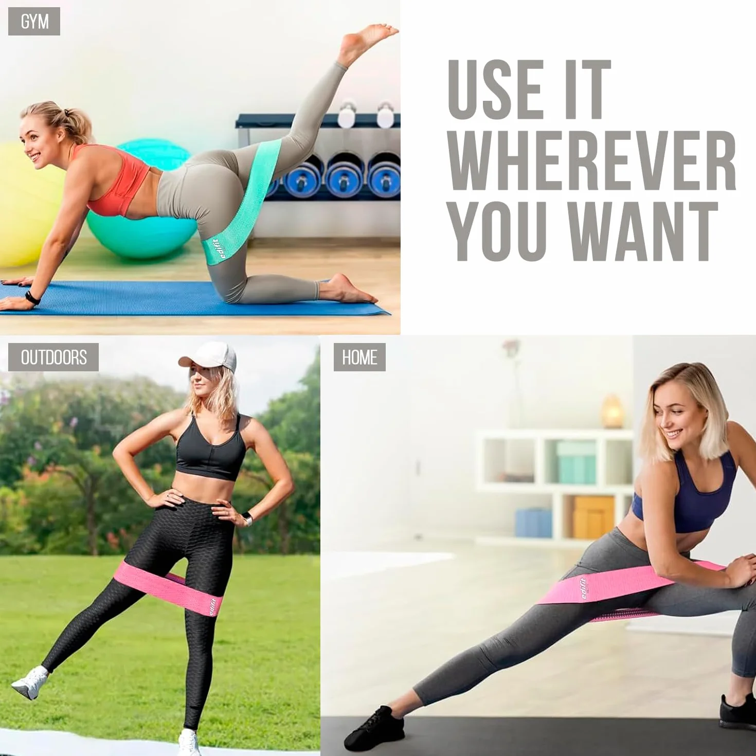Edifit Bandes Élastiques Musculation Anti-dérapantes Pack de 3 Résistance Fitness Gym Yoga