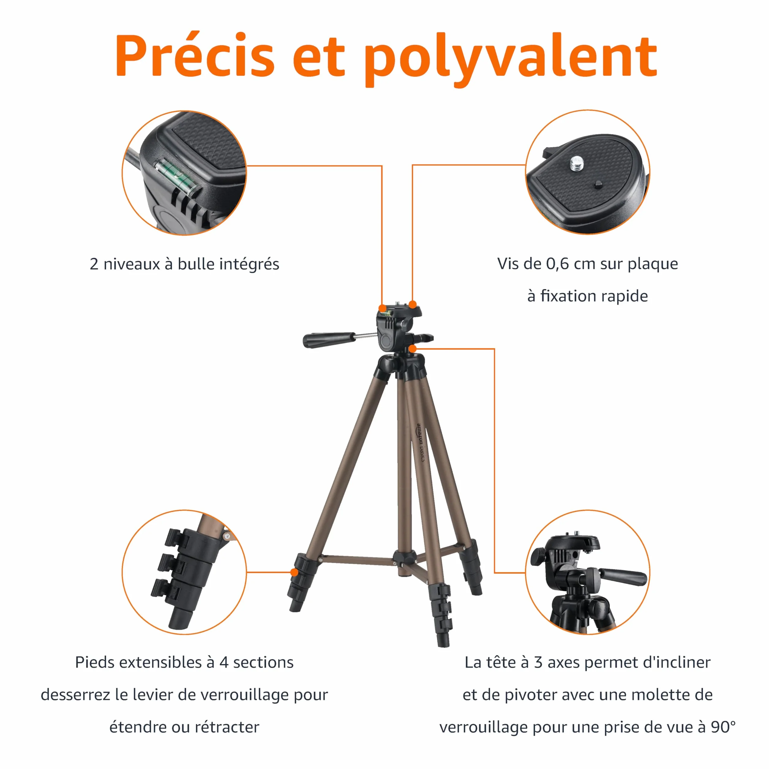 Amazon Basics Trépied 127,0cm pour Appareil Photo Reflex Numérique, Léger, avec Sac, Hauteur Réglable, Champagne