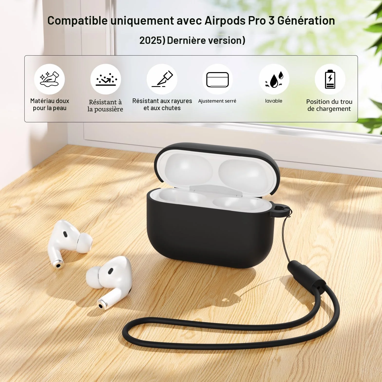 Coque Silicone AirPods Pro 3 (2025) Housse Protection LED Visible Noir