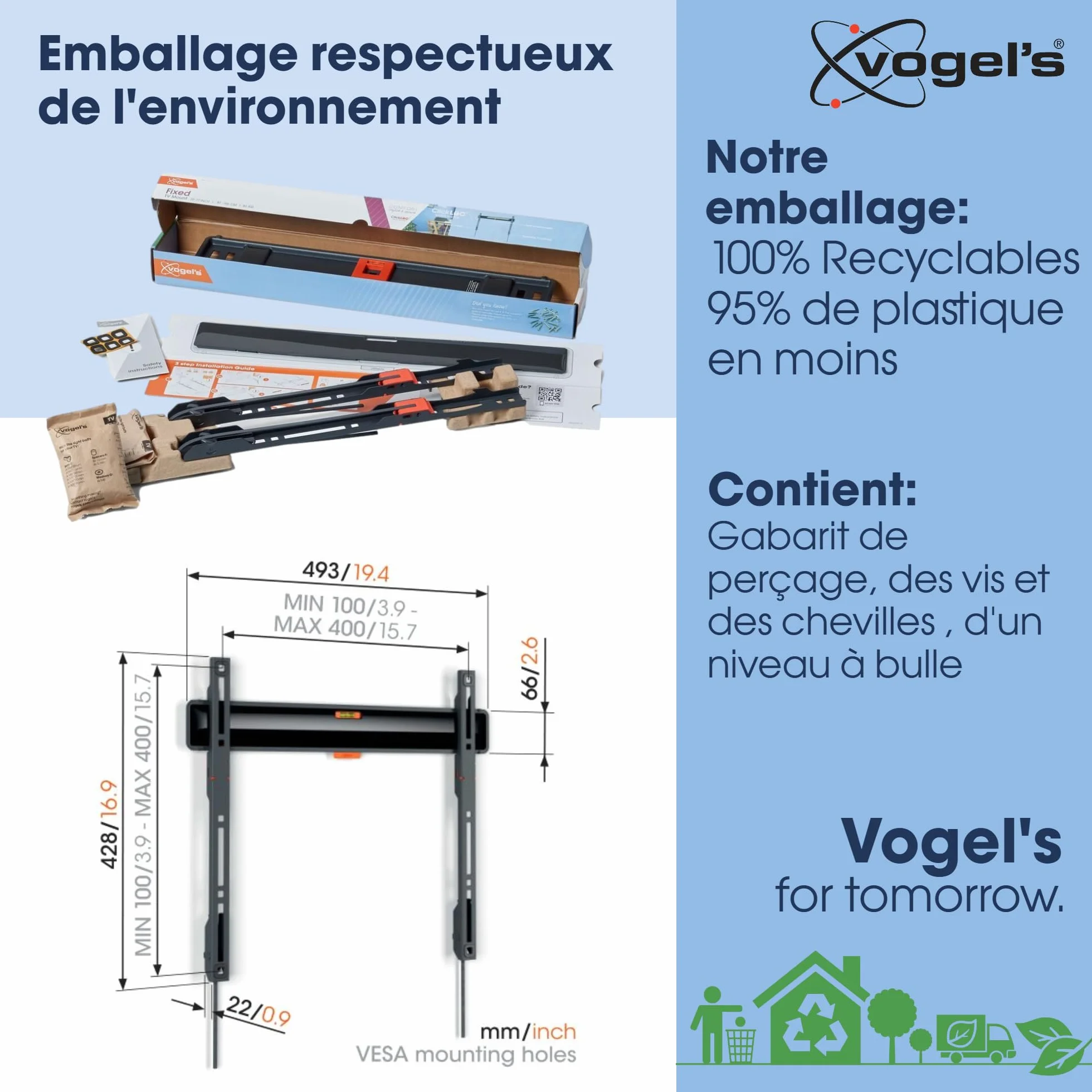 Vogel's TVM 3405 Support Mural TV Plat pour téléviseurs de 32-77 Pouces, Max. 50 kg, Support TV Max. VESA 400x400, Compatibilité Universelle, Distance au Mur de Seulement 2,2 cm