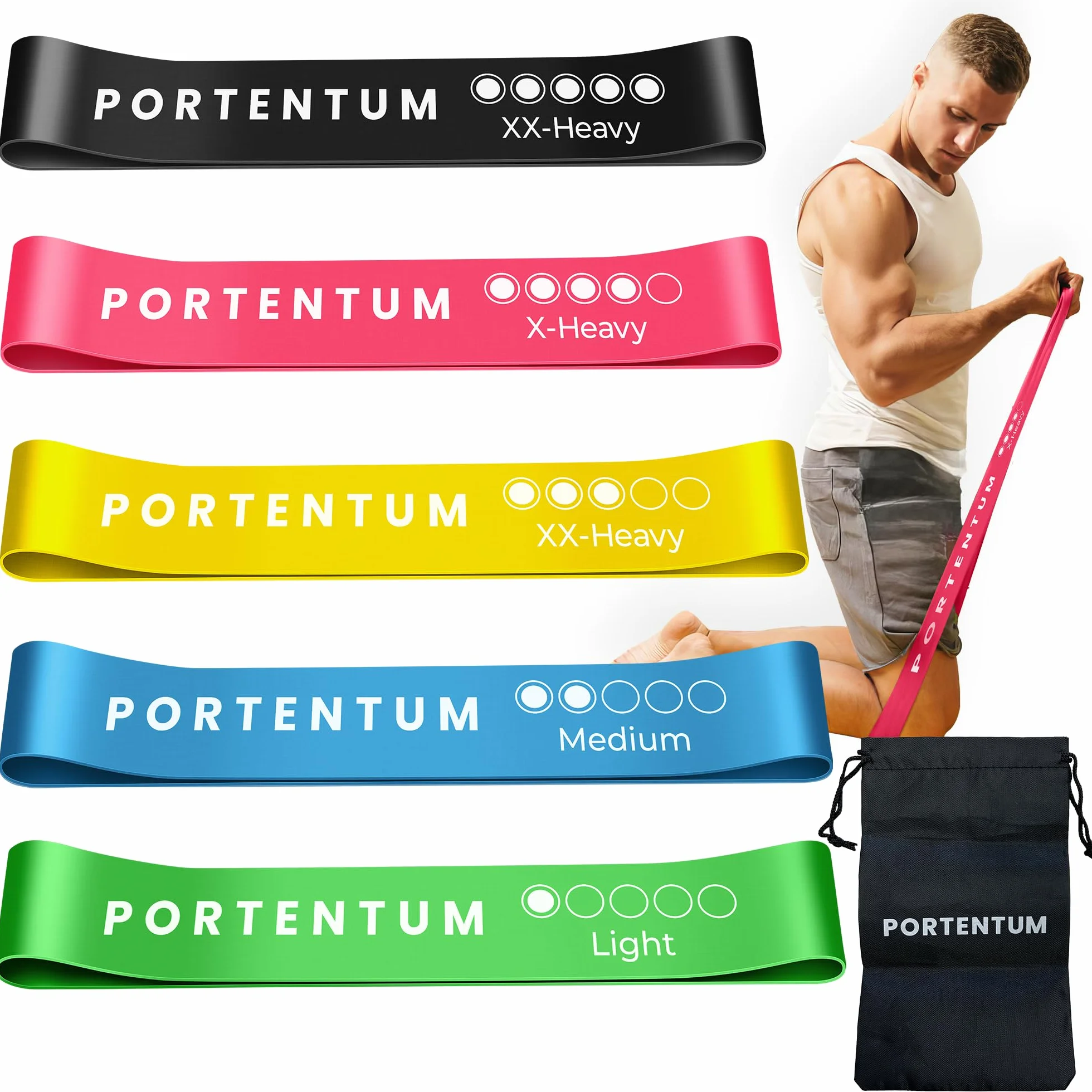 PORTENTUM Set de 5 Bandes Élastiques Musculation Latex avec Sac de Rangement