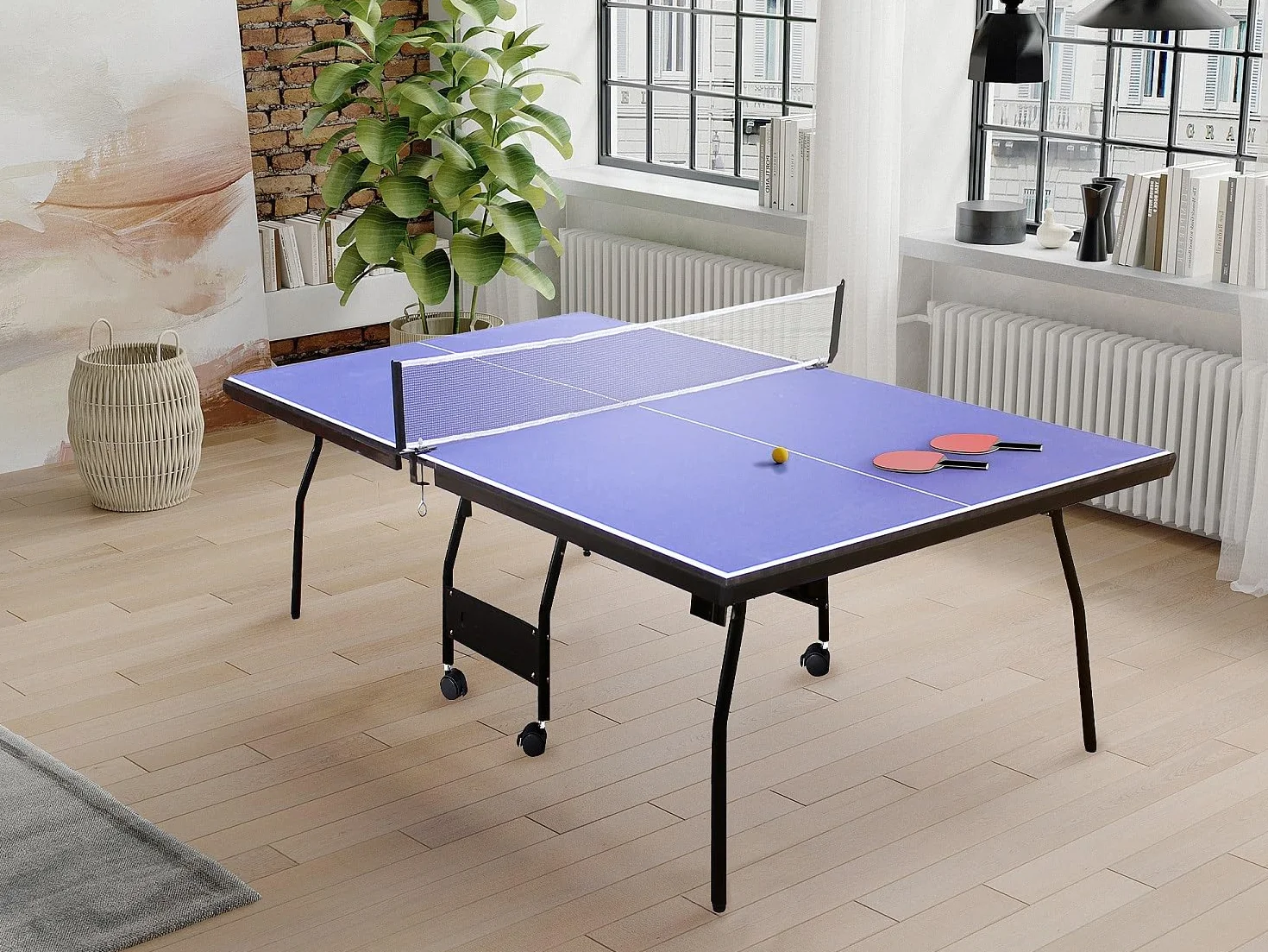 Vente-unique Garry Pliant Table de Ping-Pong Bleu L274 x P152.5 x H76 cm avec Roulettes