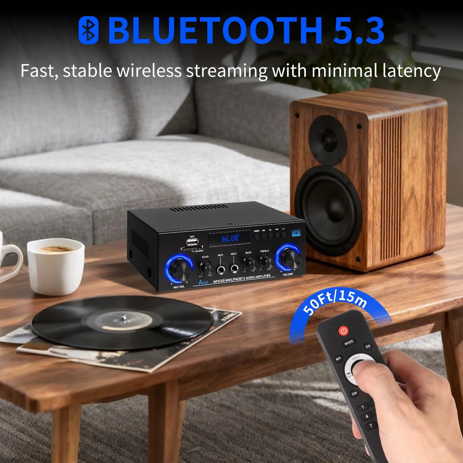 Amplis Amplificateur Stéréo Bluetooth 5.3 1000W Puissance Maximale avec Radio FM et Micro, Système Audio Hi-Fi 2.0 Canaux 50W+50W RMS, Contrôle Basse/Aigus pour Maison, Voiture, Karaoké, TV