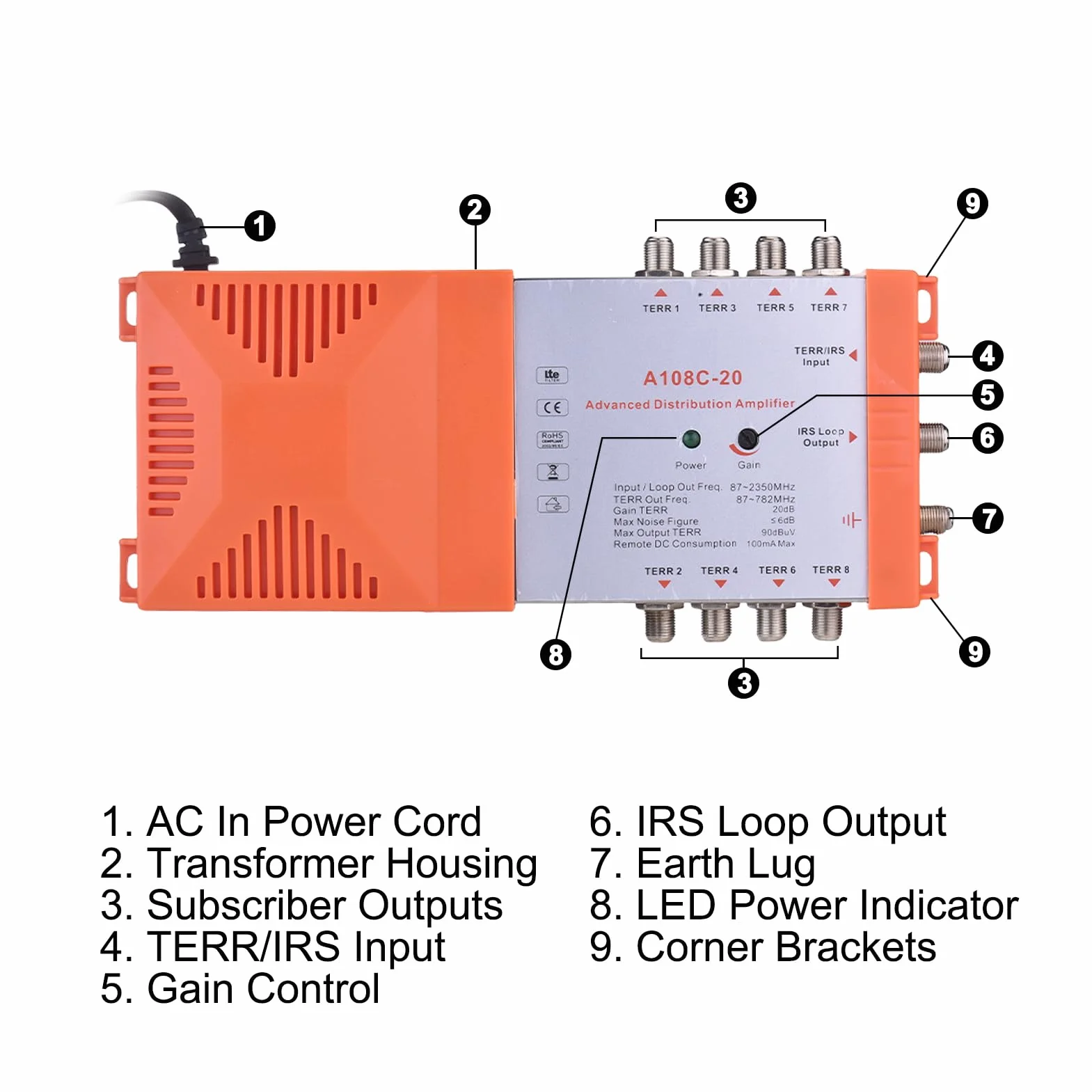 Weytoll Amplificateur de Distribution 8 Voies MATV Satellite Intérieur 20 dB Filtre 4G