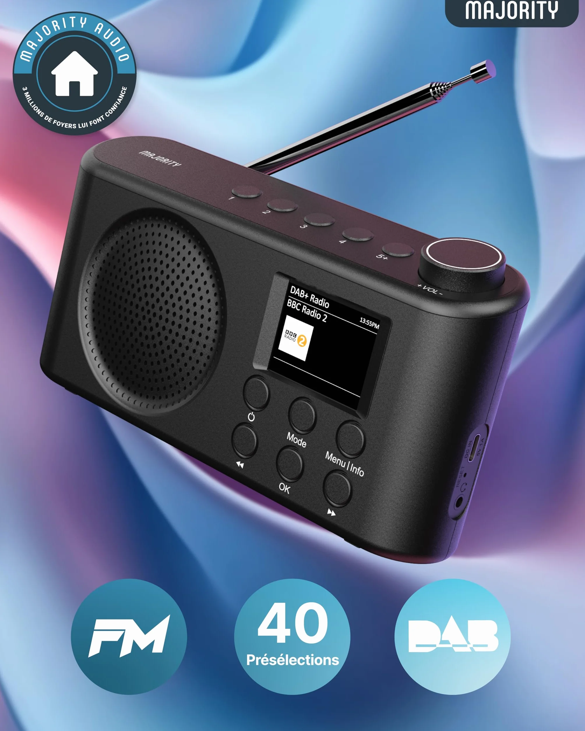 MAJORITY Orwell Pro Radio Dab/Dab+ Portable avec Bluetooth, FM, 40 Présélections, 15h Autonomie, Batterie Rechargeable USB-C, Minuterie Sommeil, Égaliseur, Radio Dab Portable