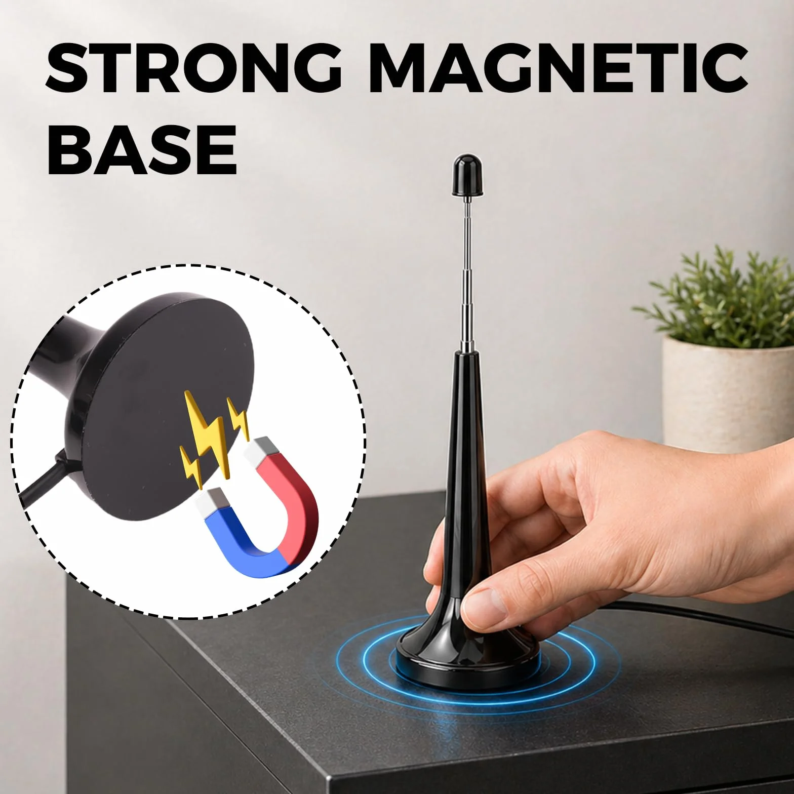 Antenne TV Intérieur Puissante, Antenne Radio FM Dab Intérieur Télescopique avec Base Magnétique, Câble 3m pour Récepteurs Stéréo 75 Ohm Chaine HiFi Tuner FM Poste Radio, Plug and Play