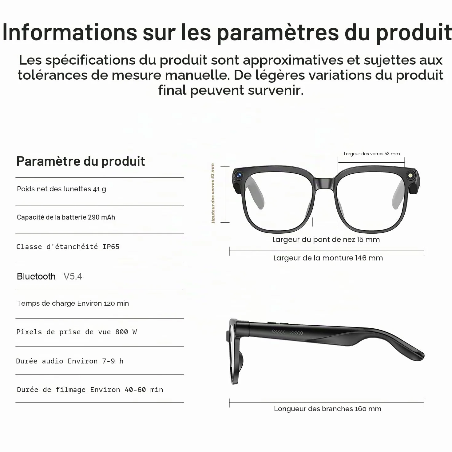 Lunettes AI Smart Camera - Vidéo HD 1080p, Photo, Traduction vocale : avec Verres de Protection Solaire/lumière Bleue interchangeables, Utilisation en extérieur, randonnées à vélo, randonnée