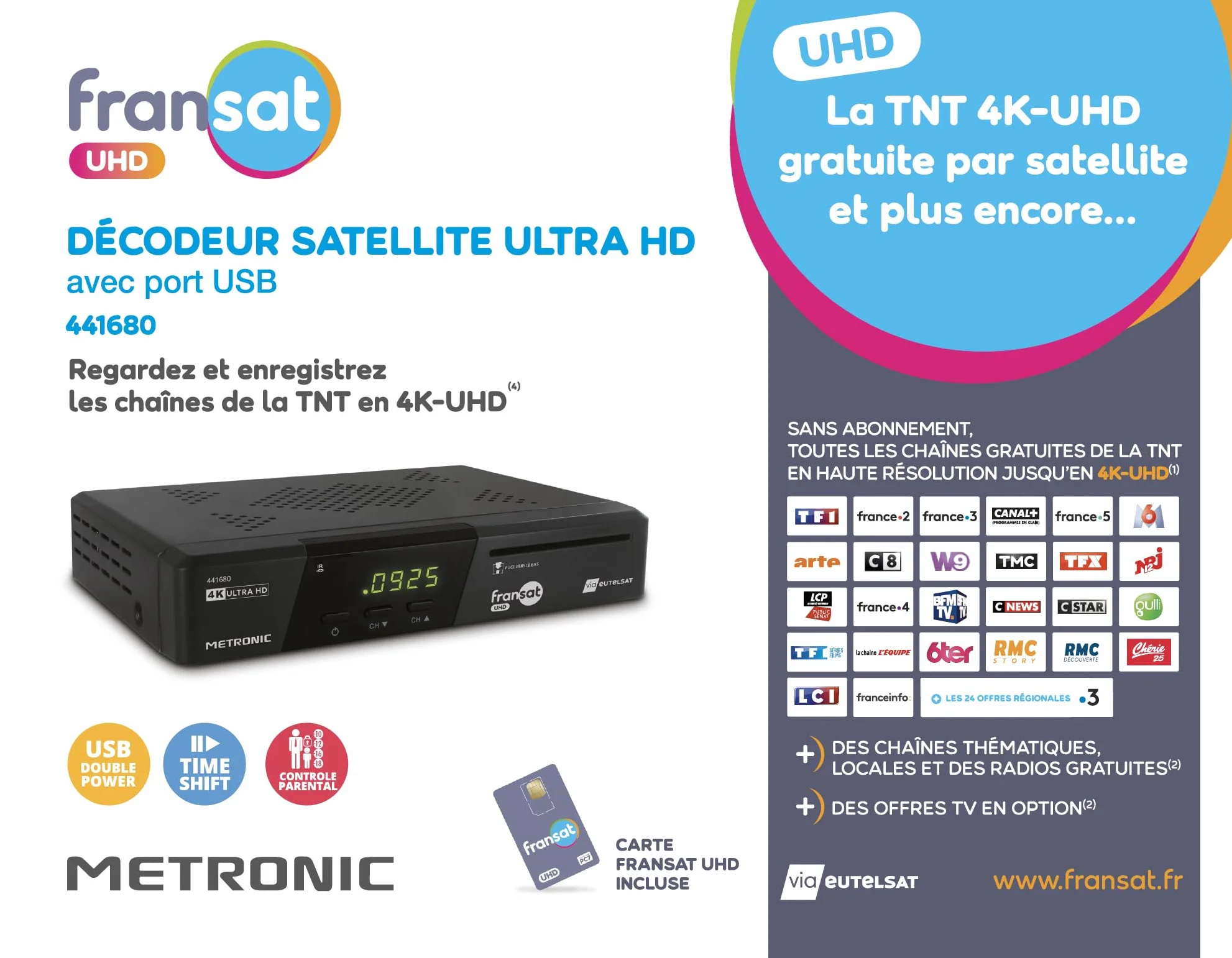 METRONIC 441680 Décodeur Fransat 4K UHD HDR10 Satellite TNT Gratuit Dolby Atmos Time Shift