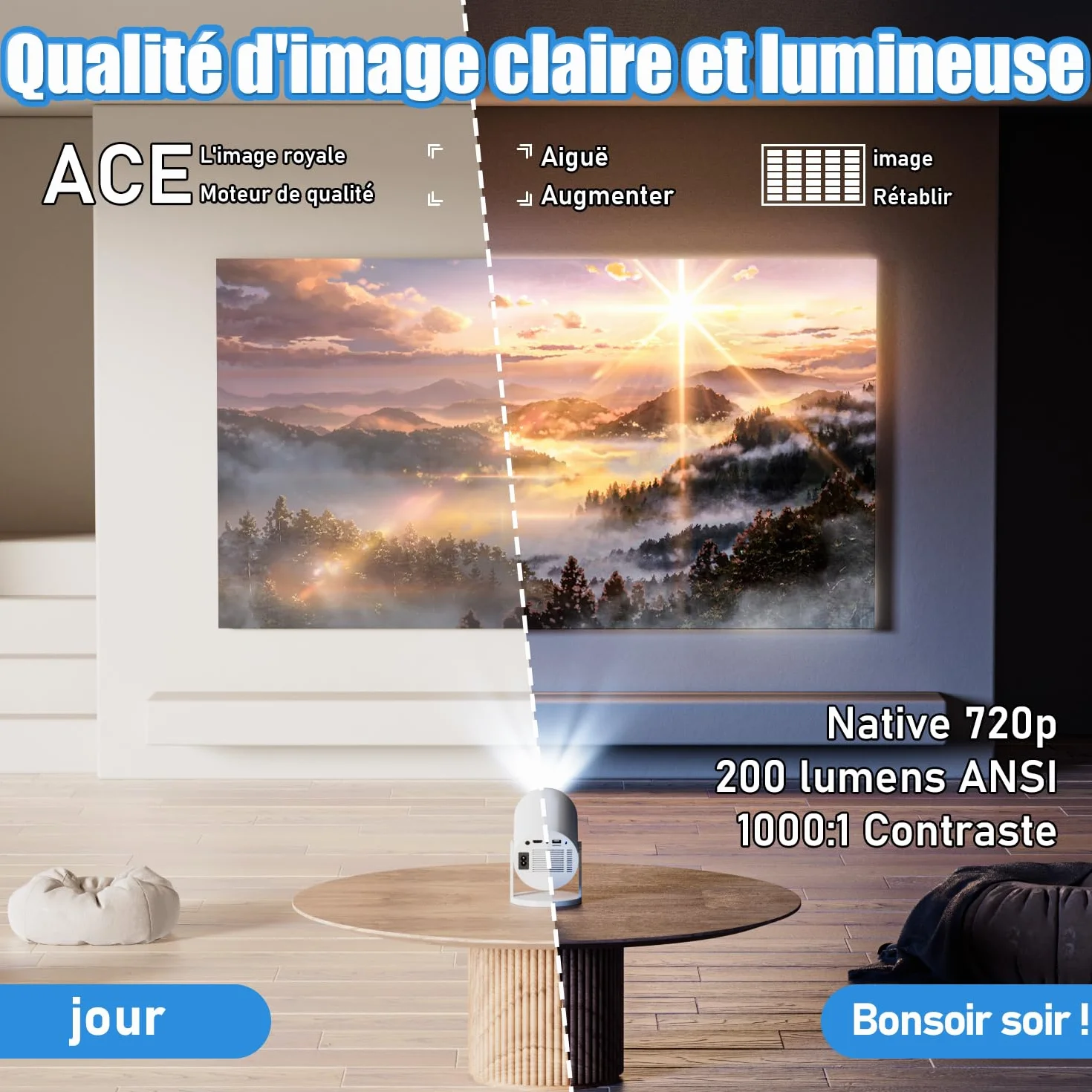 Mini projecteur portable Android 11 4K Ultra HD Smart 150" 5G WiFi6 BT5.4 rotatif 180° projecteur de film extérieur