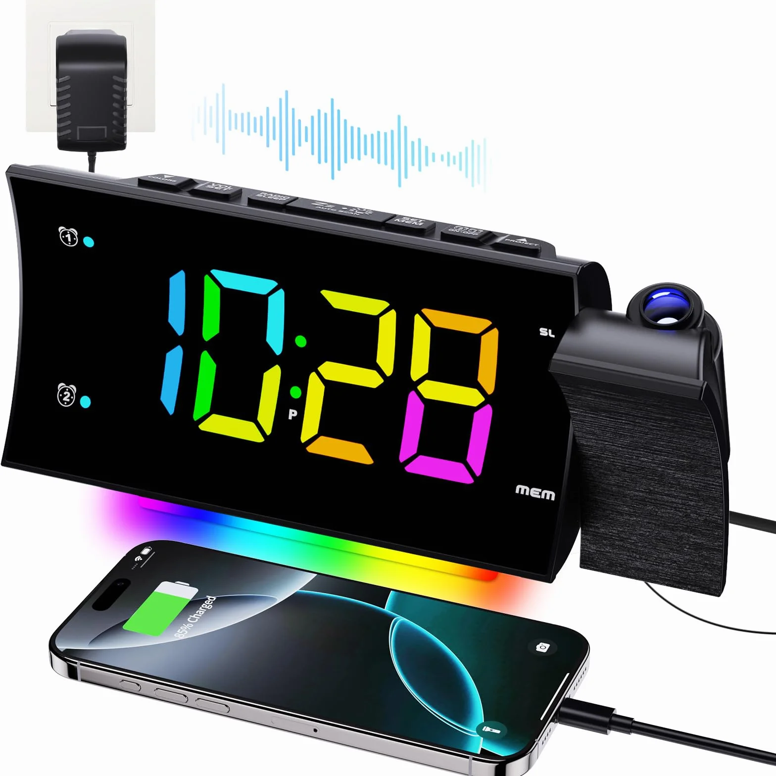 Radio Reveil Projecteur Plafond 180°, Radio Réveil FM Numérique, Grand Écran LED, Chargeur USB, Double Alarme, 12/24H, Snooze, Horloge Projection Plafond pour la Chambre