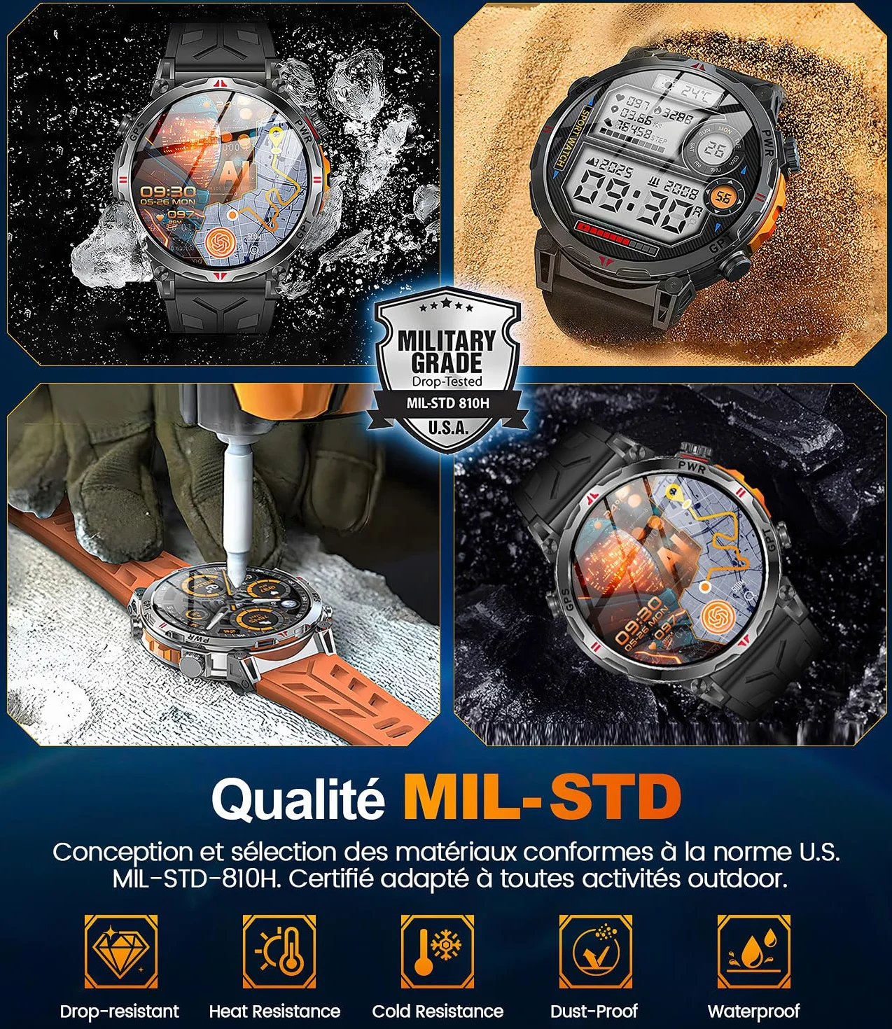 Montre Connectée Homme GPS intégré, AMOLED Appel Bluetooth, Montre Connectée pour Android et iPhone, 100+ Modes Sportifs, 3ATM étanche Montre Sport Homme avec Boussole (1.6)