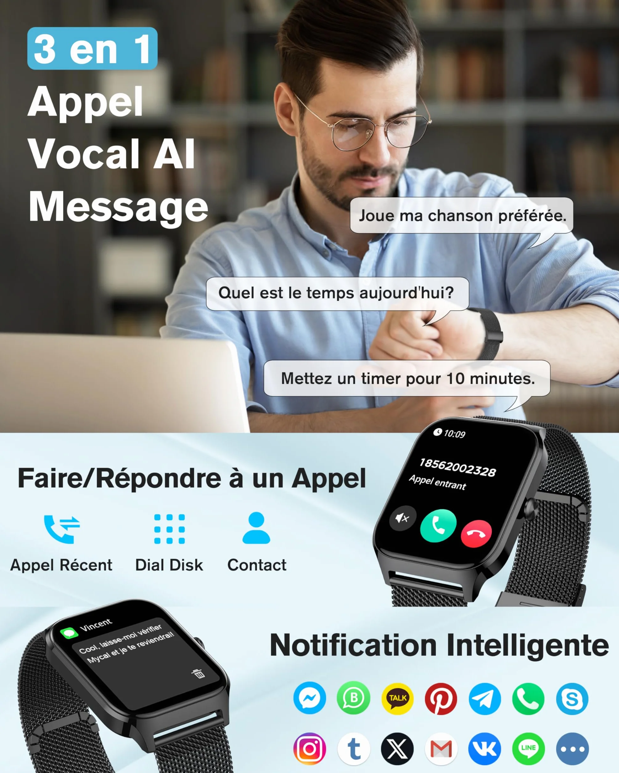 KALINCO Montre Connectée Homme Femme, 1.85" AI Smartwatch avec Appel Bluetooth, Pression Artérielle, Podometre, Sommeil, Cardiofrequencemetre, 100+ Sport Bracelet