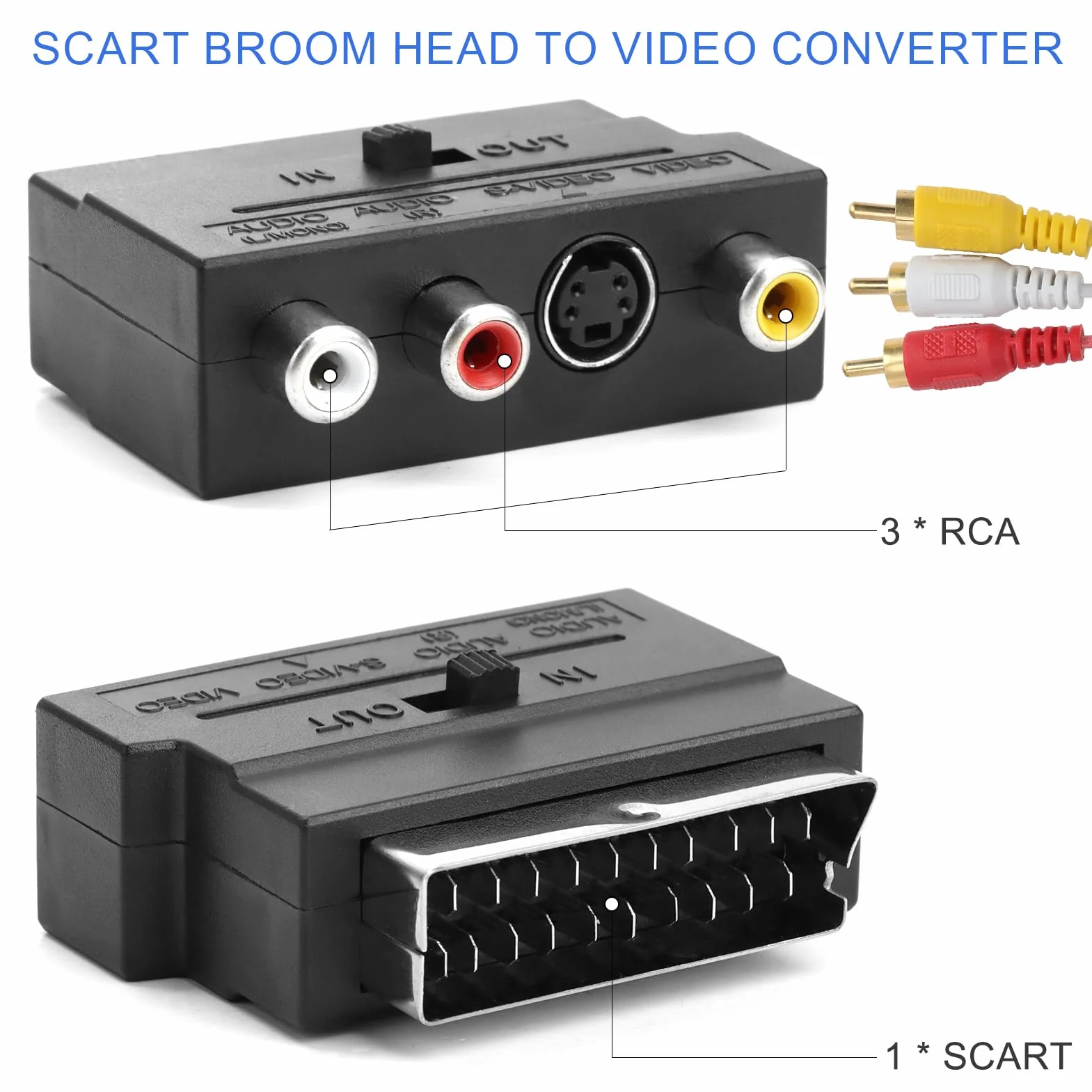 Adaptateur Péritel vers 3X in Out + S-Video S-VHS, Prise Peritel, Peritel Adaptateur, Connecteur Audio Vidéo en Noir pour une Transmission Optimale de l'Image et du Son, Idéal pour vos Appareils AV