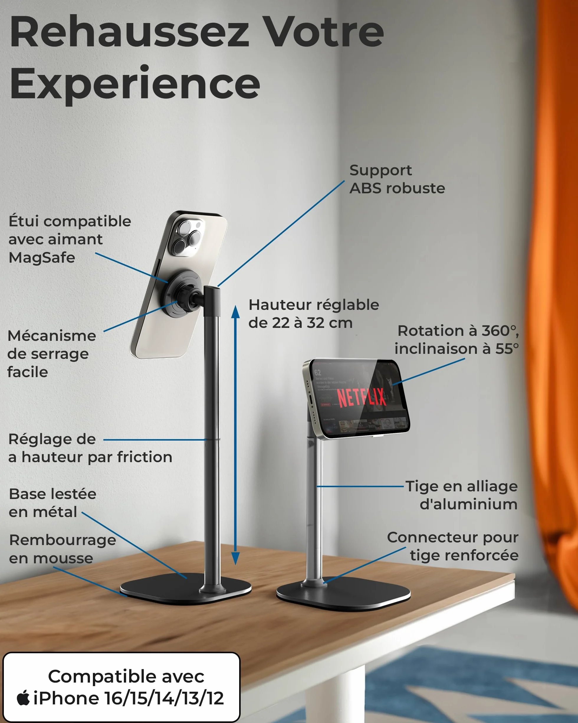COOPER MagStand Magnétique Réglable Support iPhone pour Bureau Enregistrement Vidéo Compatible MagSafe iPhone 17 Pro Max 16/15/14/13/12 Petit Trépied