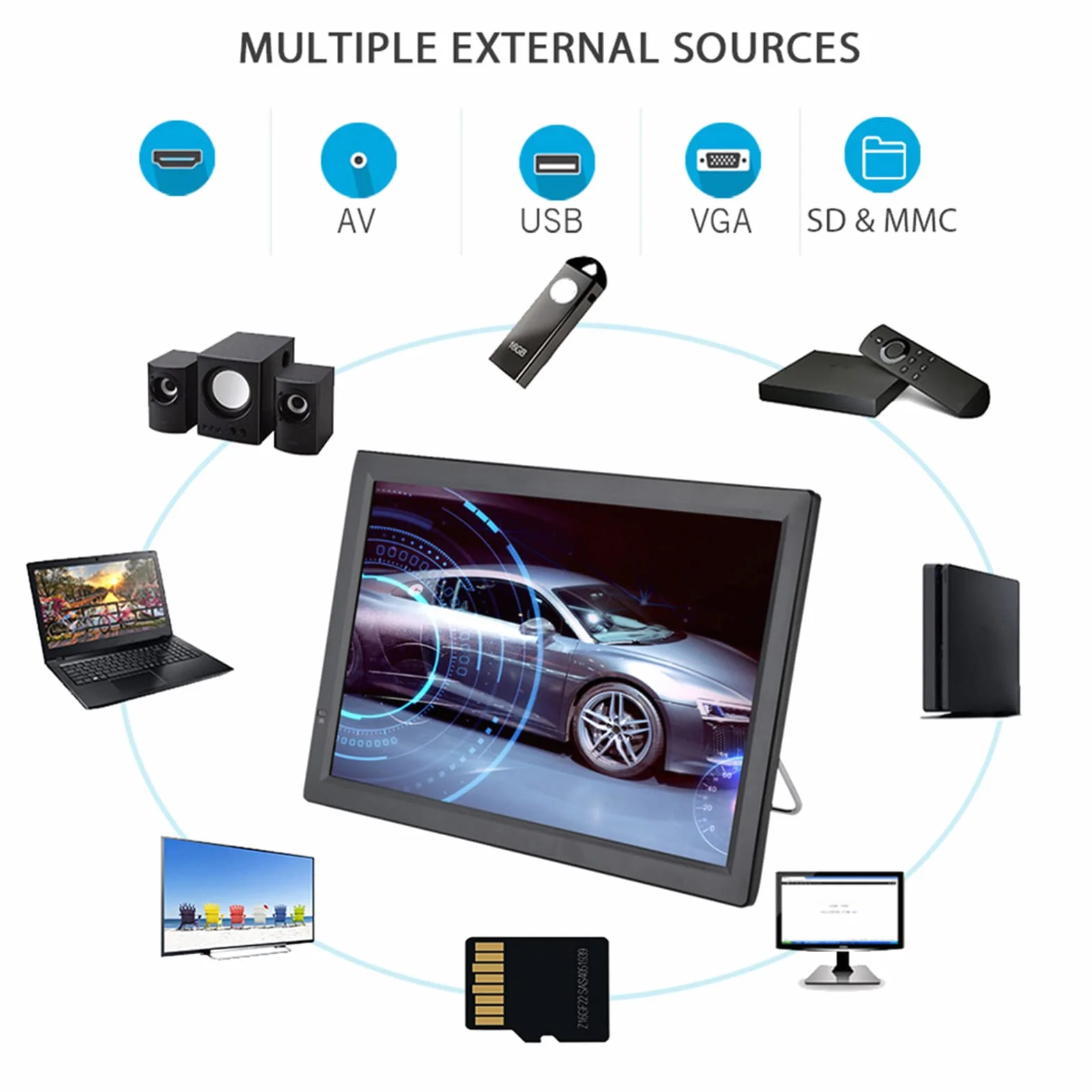 Téléviseur Portable 14 Pouces, 1080P HD TFT LED pour Voiture, écran LCD ATV/UHF/VHF avec Tuner TV Numérique, Prise en de L'enregistrement de Programmes TV, avec AV, USB,