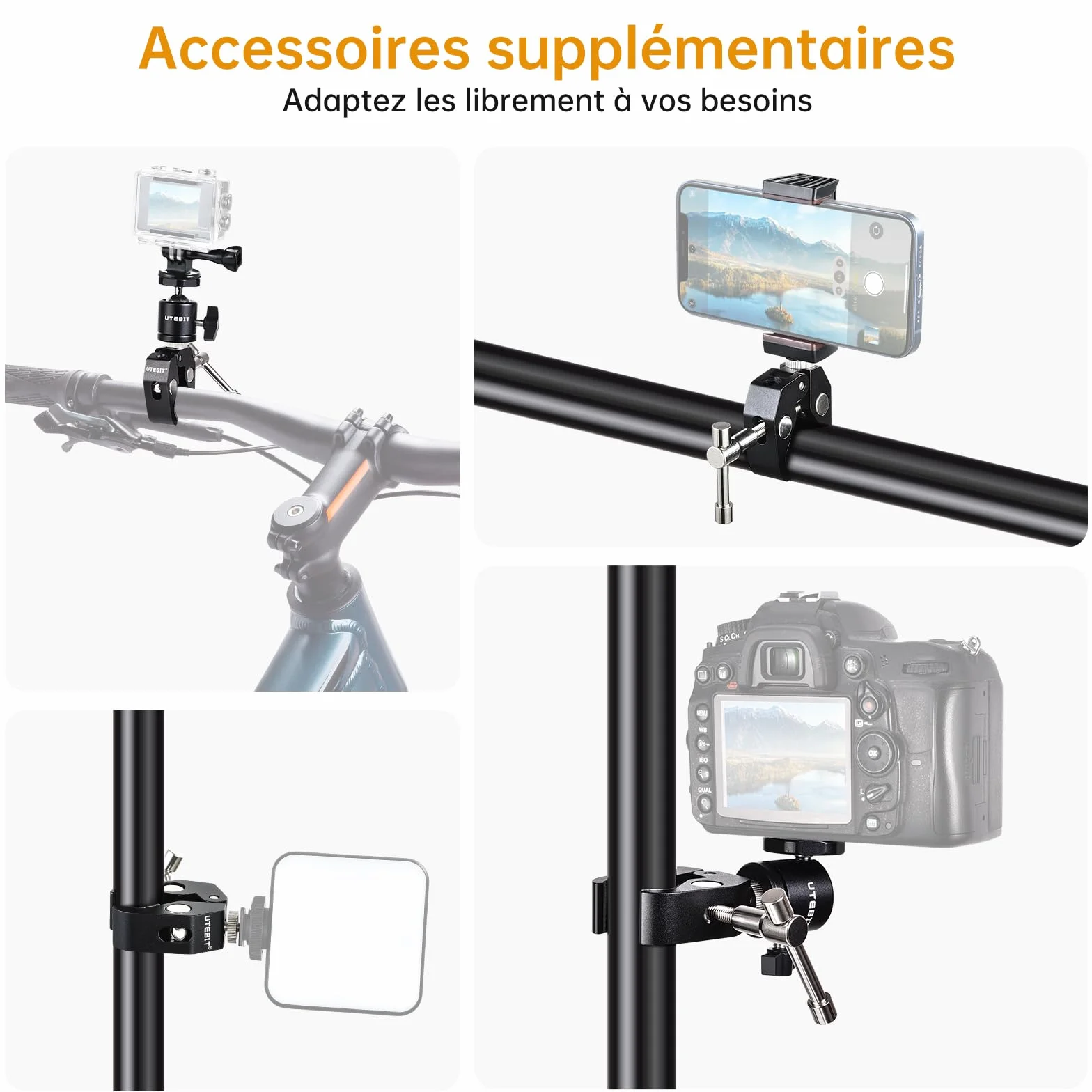 UTEBIT Pince Trépied Bras Magique, Super Clamp avec Rotule Pivotante à 360° en Alliage Aluminium, Bras Articulé Support pour Appareil Photo, Lampe Vidéo, et Caméra Action
