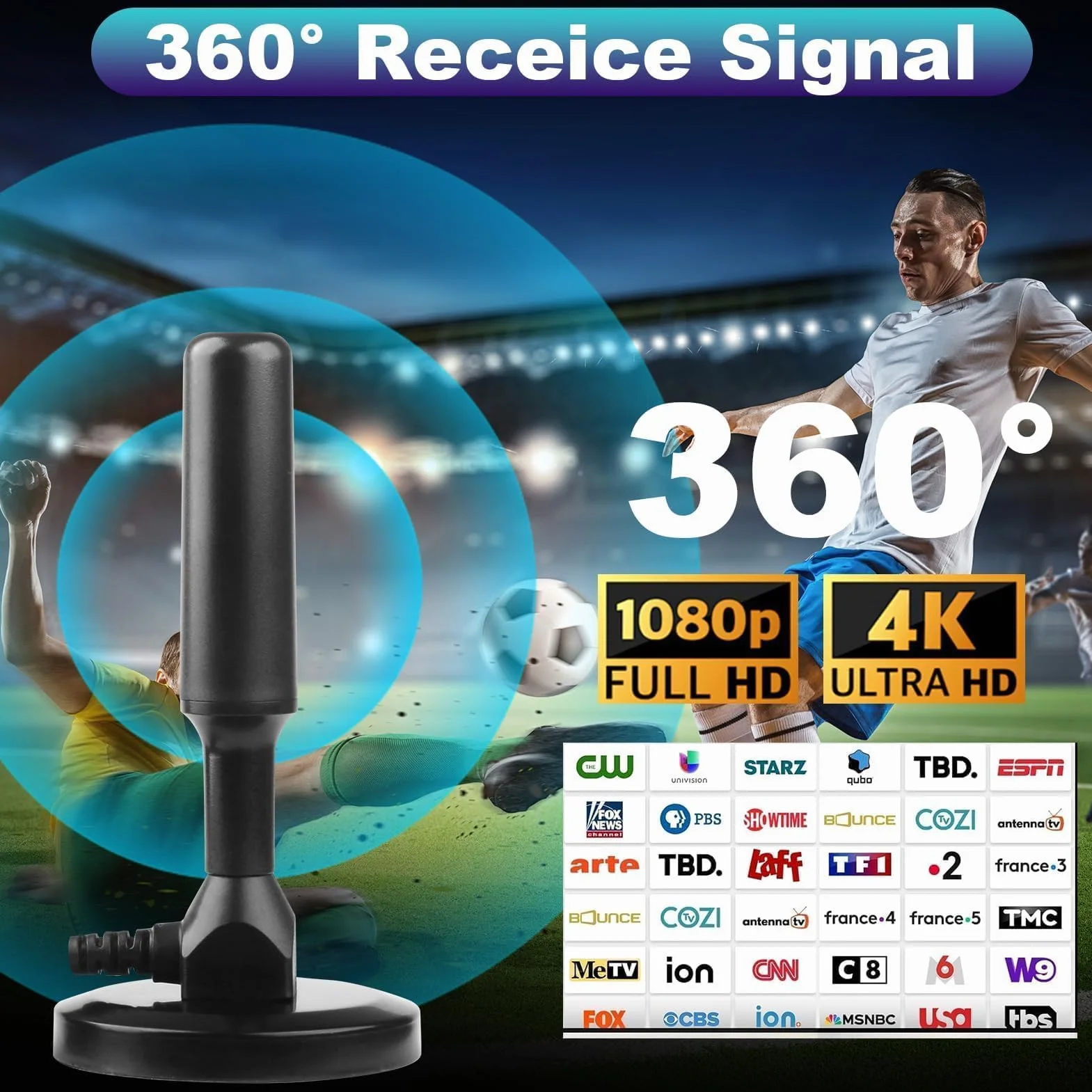Antenne TV Intérieur Puissante TNT HD DVB-T/DVB-T2 Base Magnétique 3M Câble Coaxial Réception 360° 1080P 4K