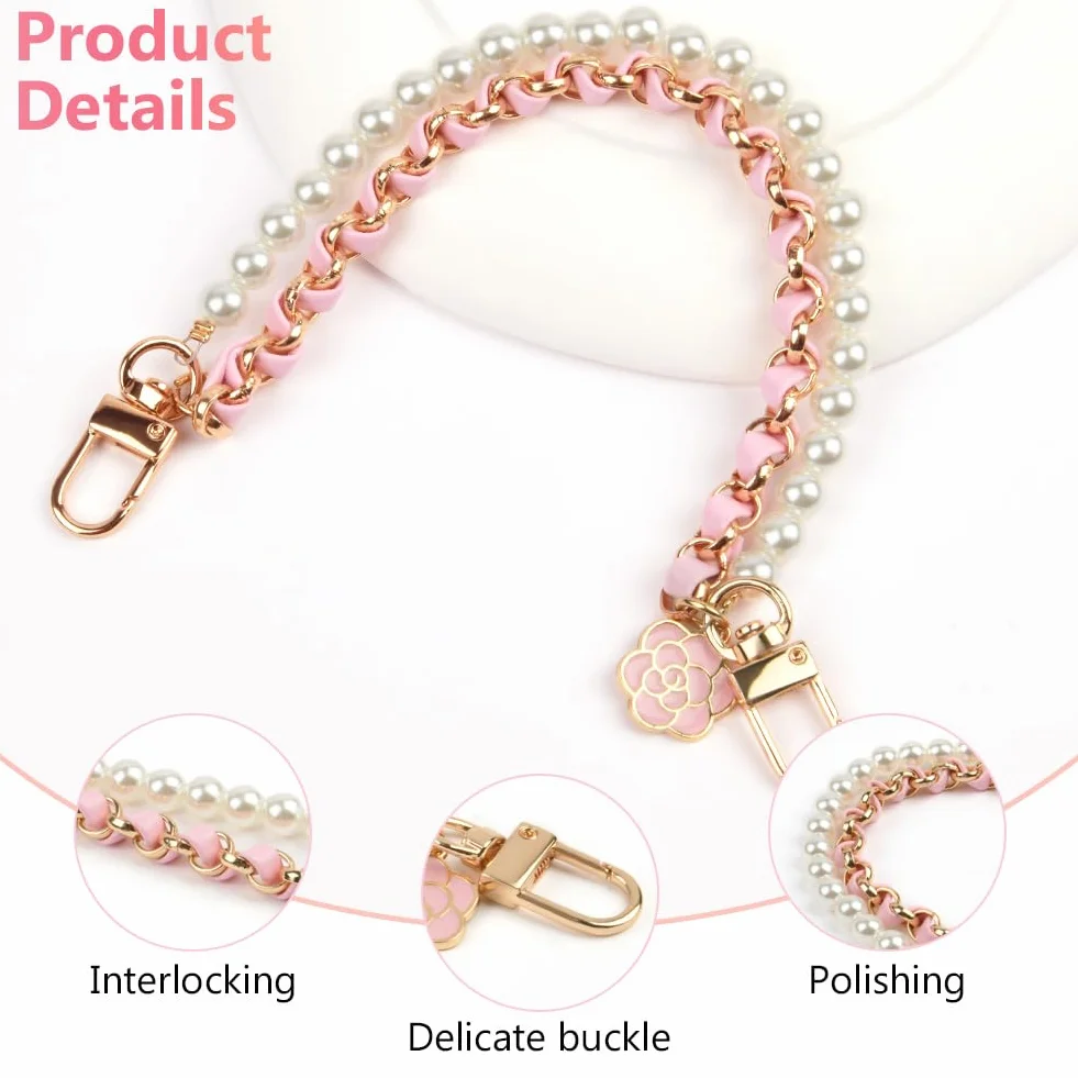OFFCUP Dragonne de Téléphone, Perle Chaîne Téléphone Portable Charme, Anti-Perte Longe en Cuir Métallique avec Fleur, Bracelet Telephone 2 Patchs Arrière