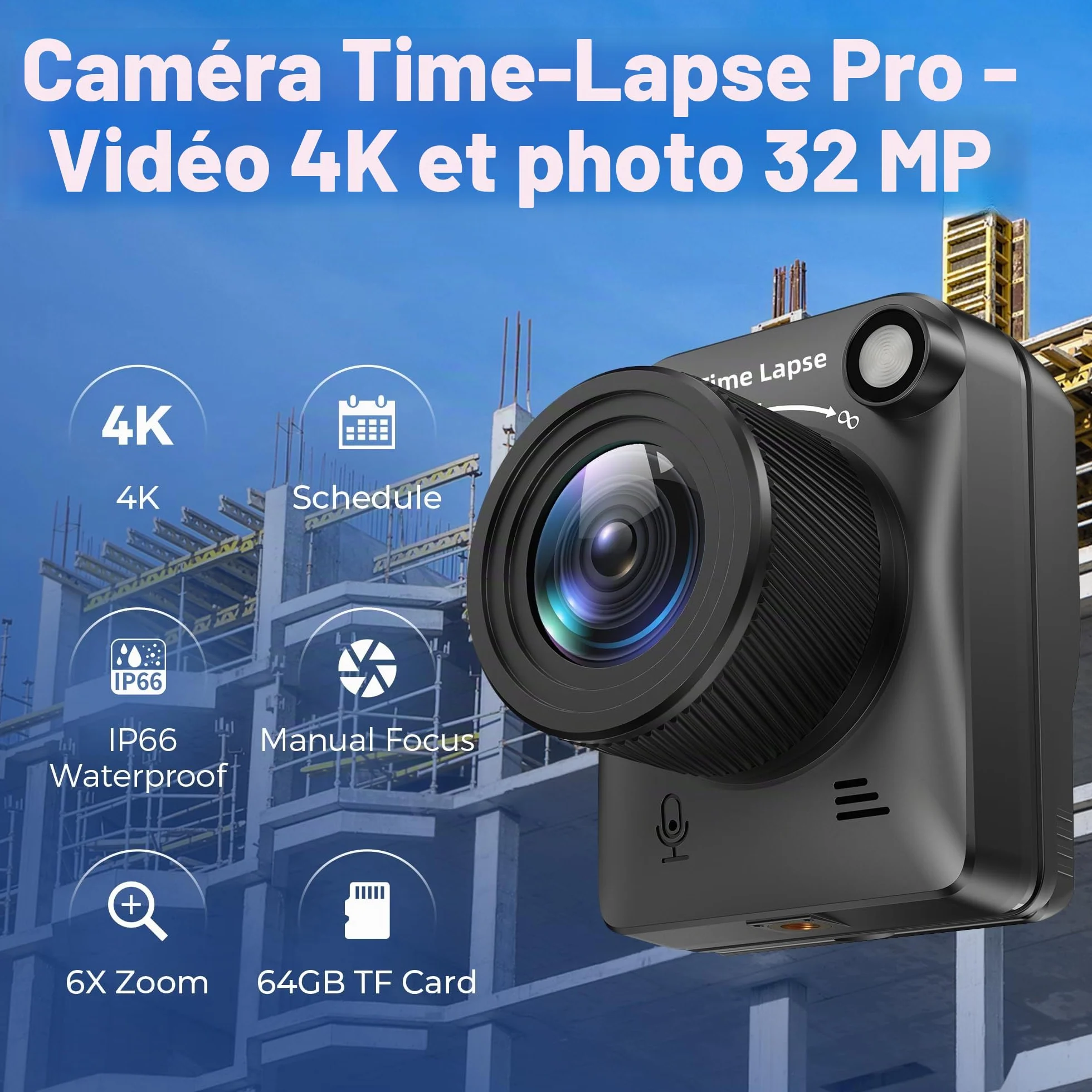 Dsoon Caméra Timelapse FHD pour la Construction, Les Plantes, la météo et la Vie, avec résolution 4K, écran LCD TFT HD 2,4", 180 Jours de Veille étanche IP66, Carte TF 64 Go Incluse