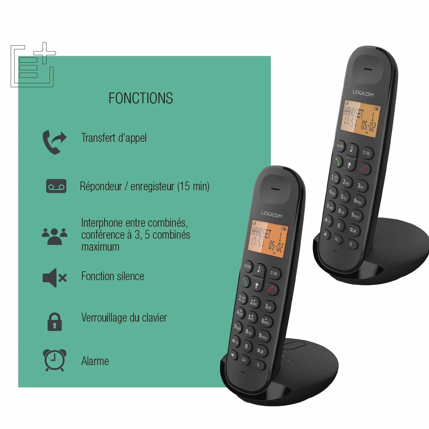 Logicom ILOA 255T Téléphone Fixe sans Fil avec Répondeur Enregistreur - Duo - Téléphones analogiques et dect - Noir