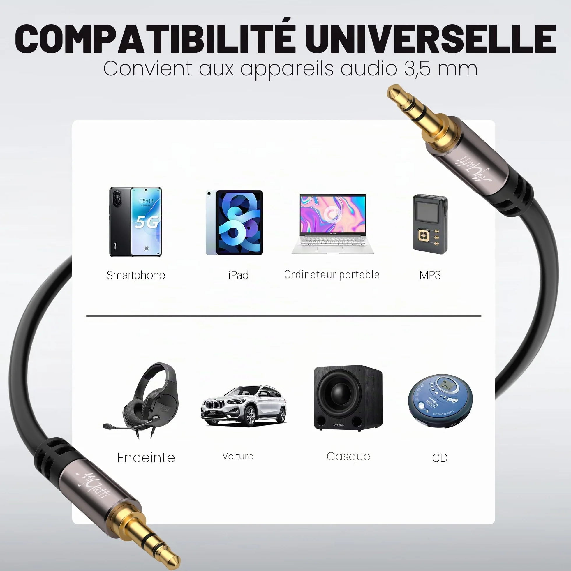 5m Câble auxiliaire jack 3,5 mm,Câble jack audio stéréo,pour voiture, écouteurs, téléphone portable, tablettes, haut-parleurs, lecteurs MP3/MP4, etc.avec 5 serre-câbles
